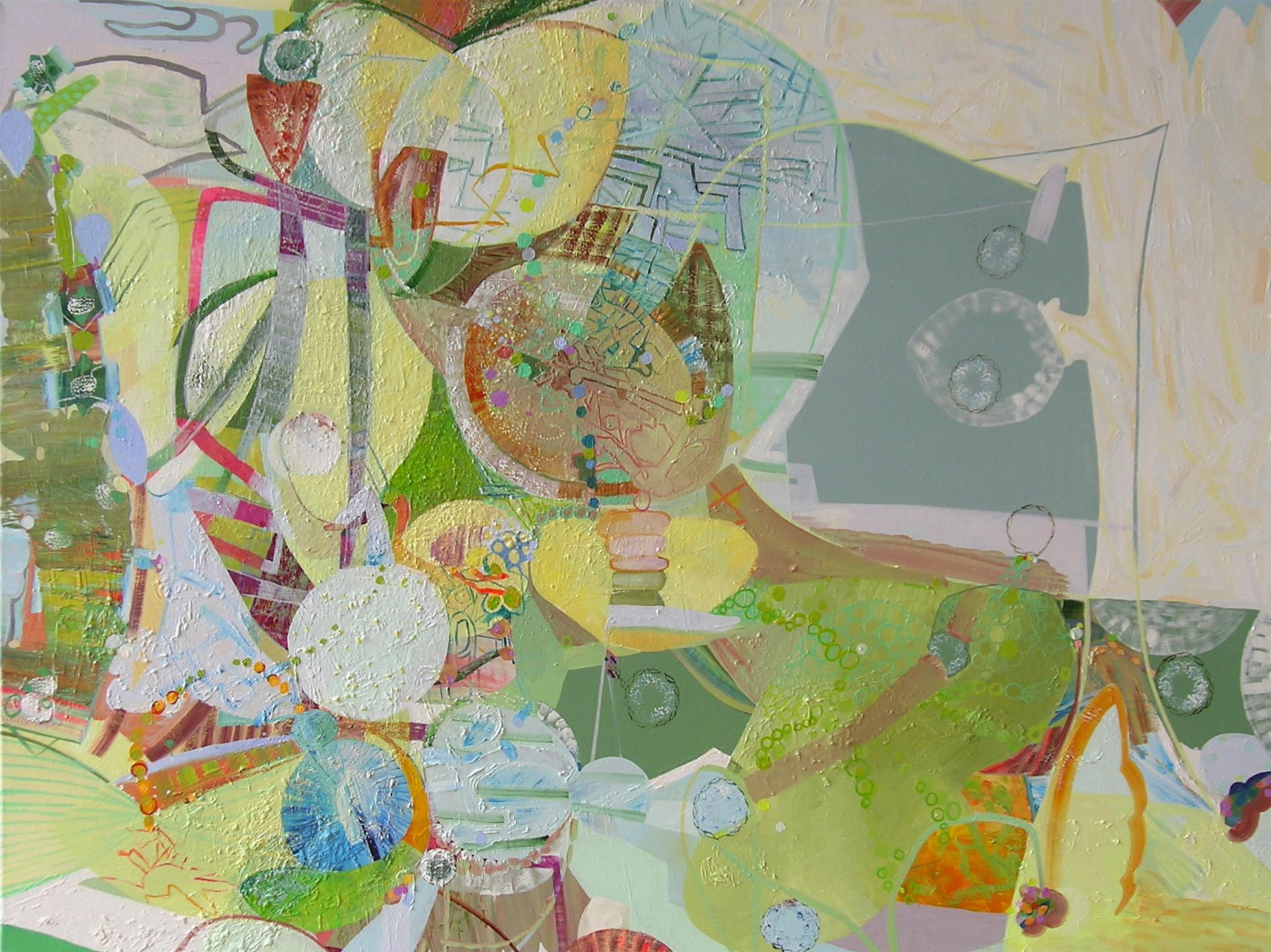 Josette Urso Abstract Painting – Klee, Grasgrün, Gelb, Elfenbein, Ocker, Blau, Rosa Abstrakte Muster, Kreise