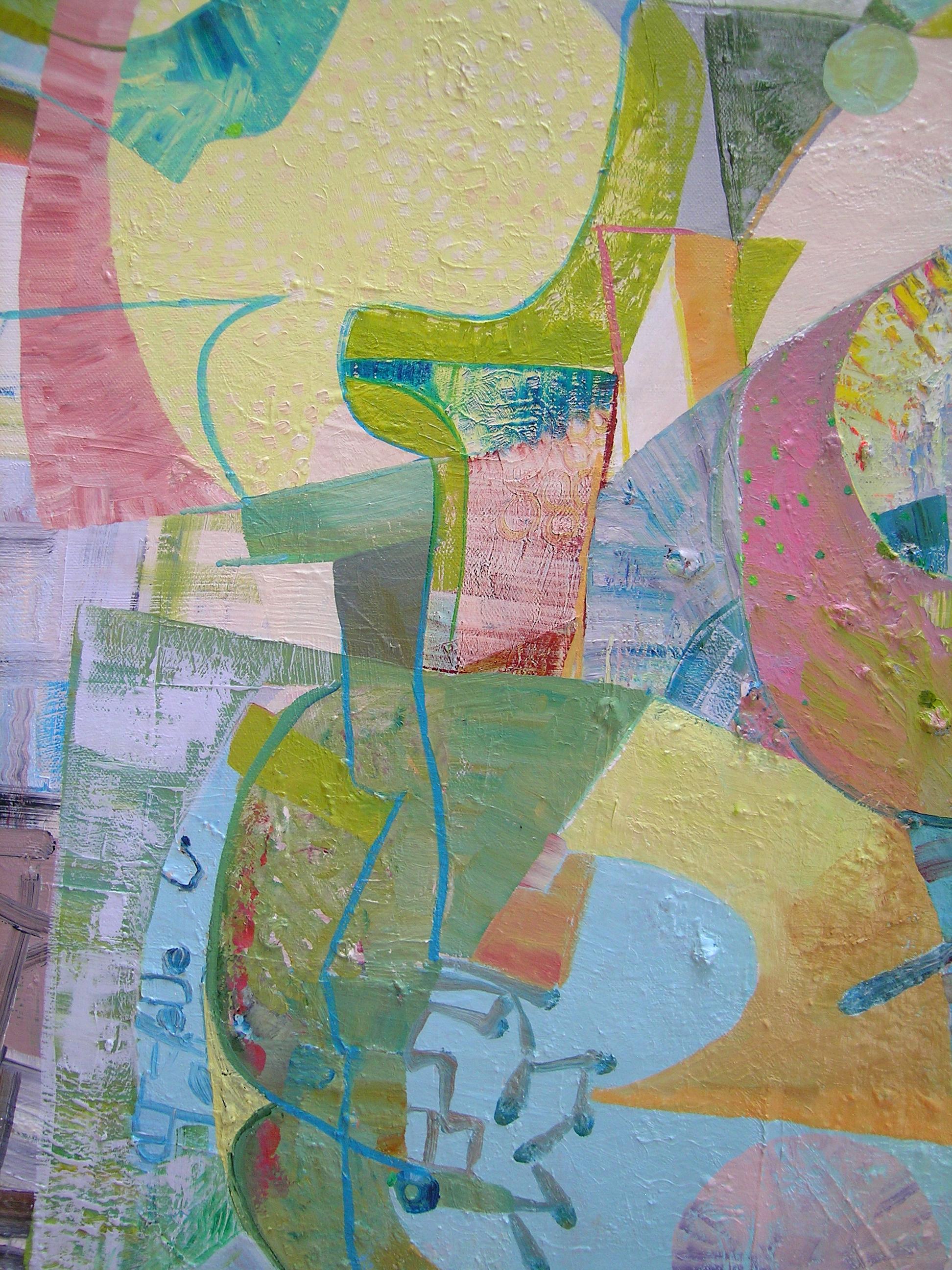 Day From Night - Grass Green Mustard Teal Blue Abstract Patterns Circles, 2023 - Gray Abstract Painting by Josette Urso