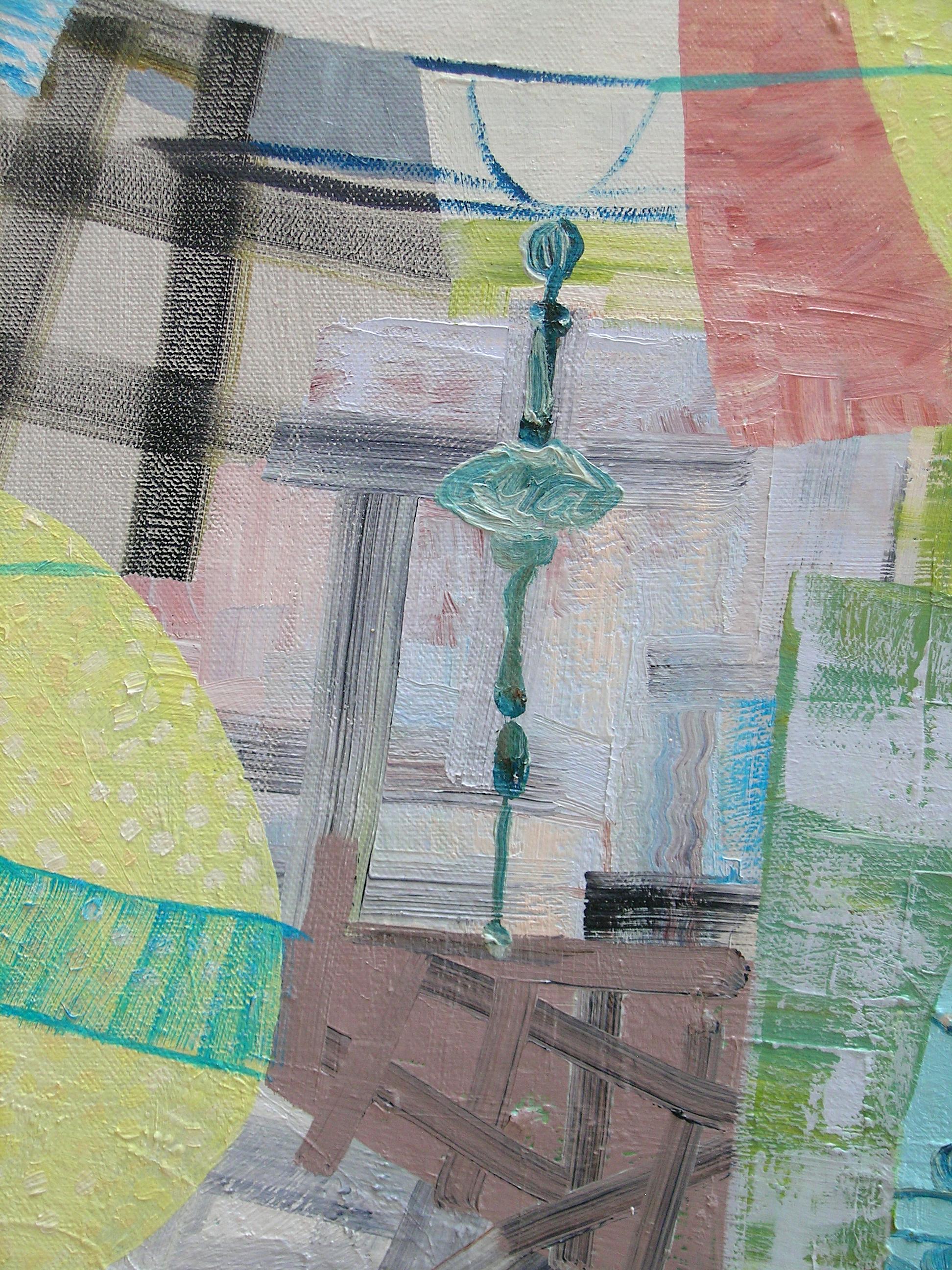 In this contemporary abstract painting in oil on canvas, thoughtfully combined sections of varying textures and areas of pattern, stripes, circles, dots and undulations are cheerful and lively in bright, exuberant color. Little moments in vibrant