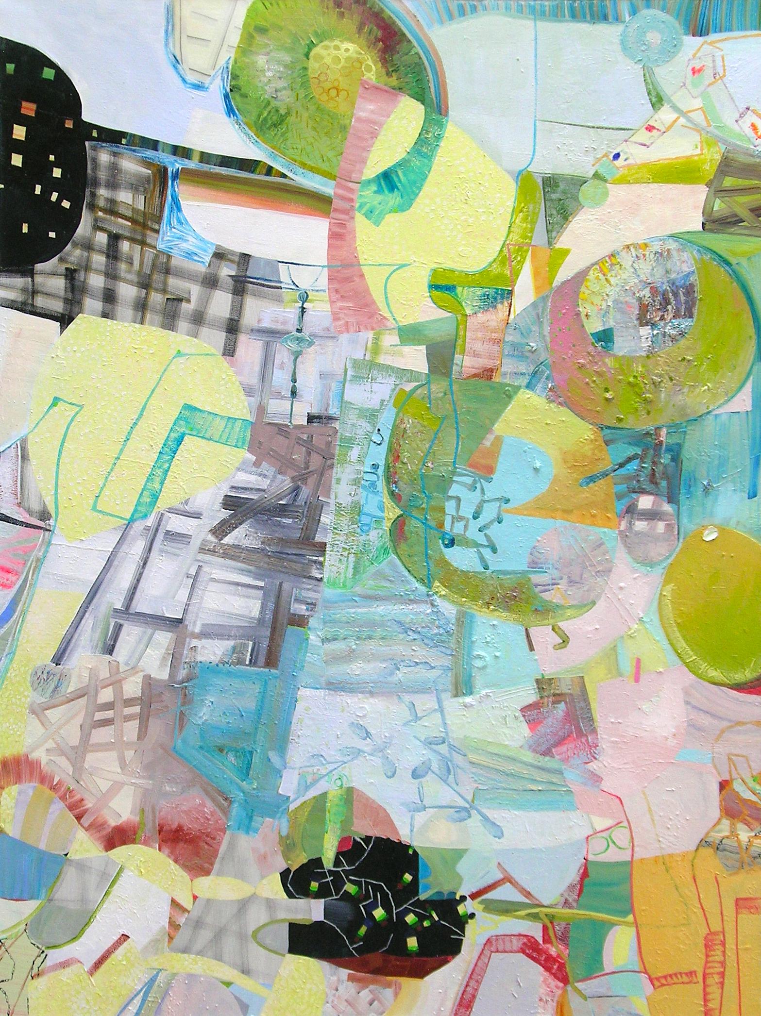 Abstract Painting di Josette Urso - Giorno dalla notte - Cerchi astratti in verde ocra verde erba blu verde acqua, 2023