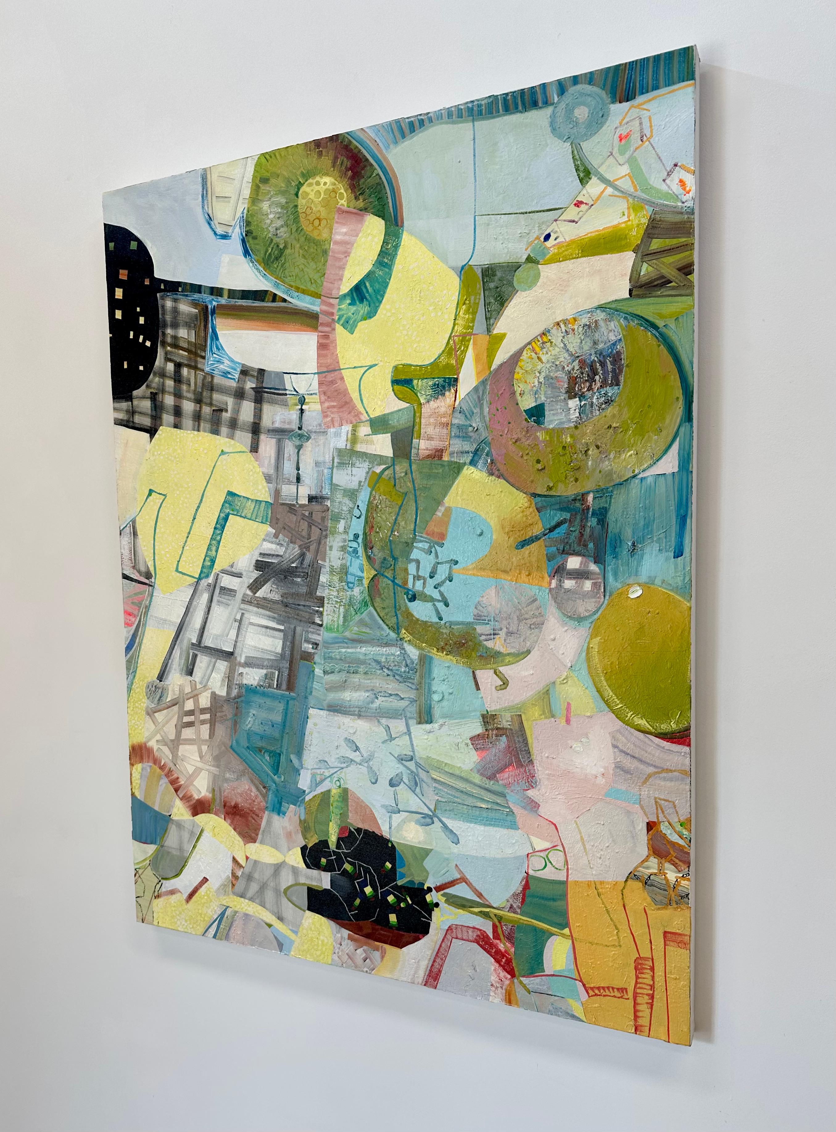 Day From Night, Grasgrün, Ocker, Teal Blue, Abstrakte Muster, Kreise – Painting von Josette Urso