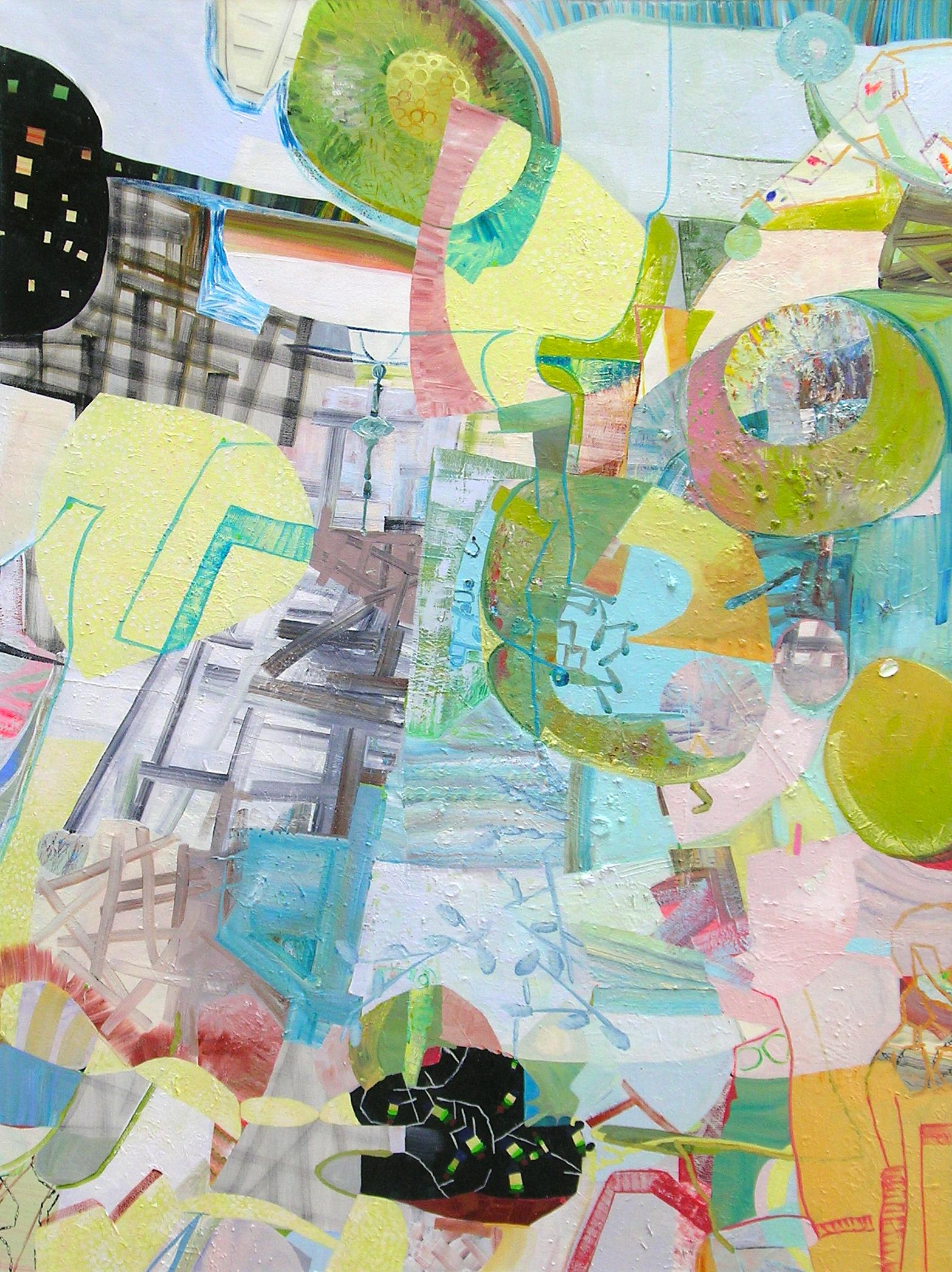 Josette Urso Abstract Painting – Day From Night, Grasgrün, Ocker, Teal Blue, Abstrakte Muster, Kreise