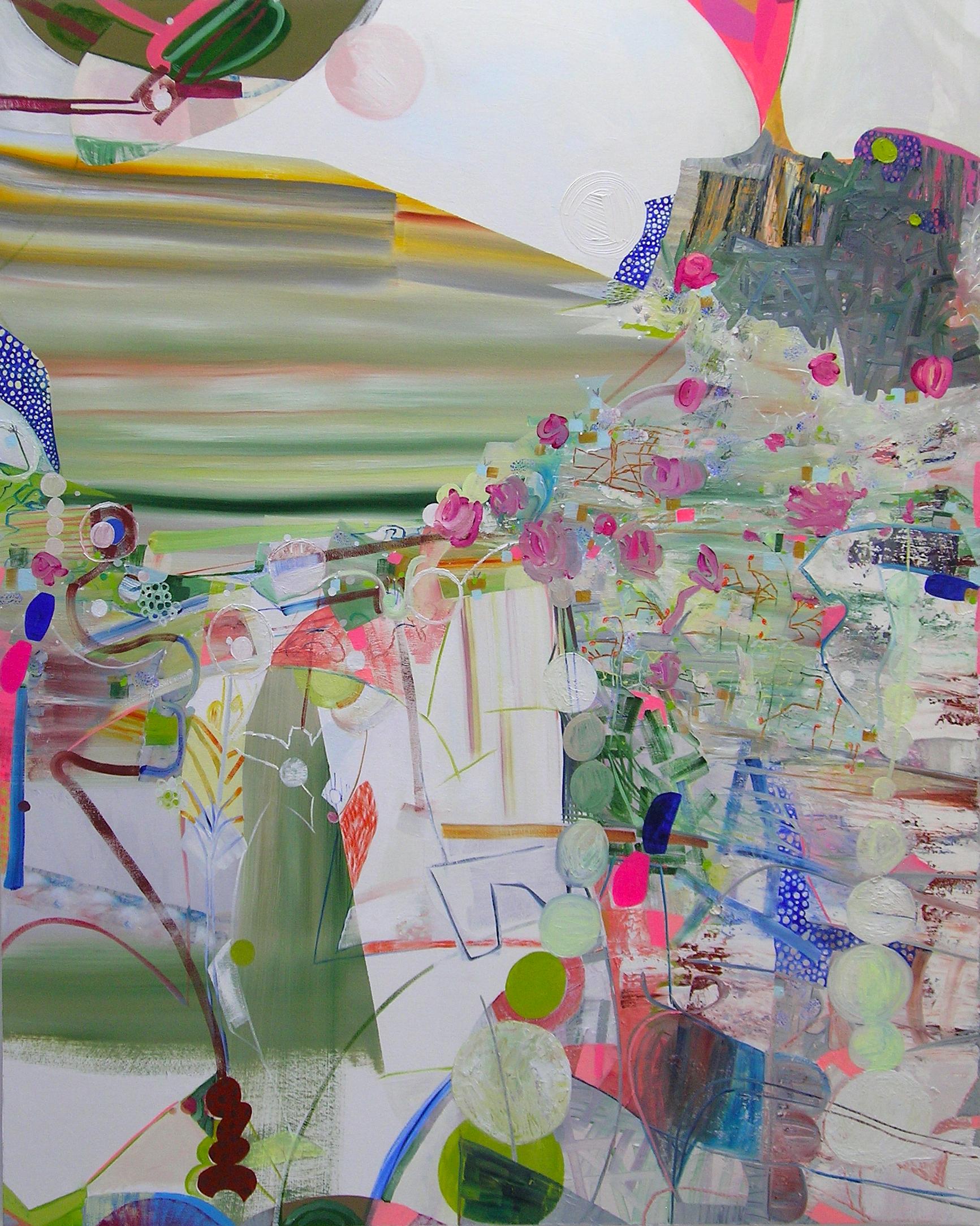 Josette Urso Abstract Painting – Diamond Rose - Contemporary Abstract Neon Pink Sage Green Blue Olive, 2019