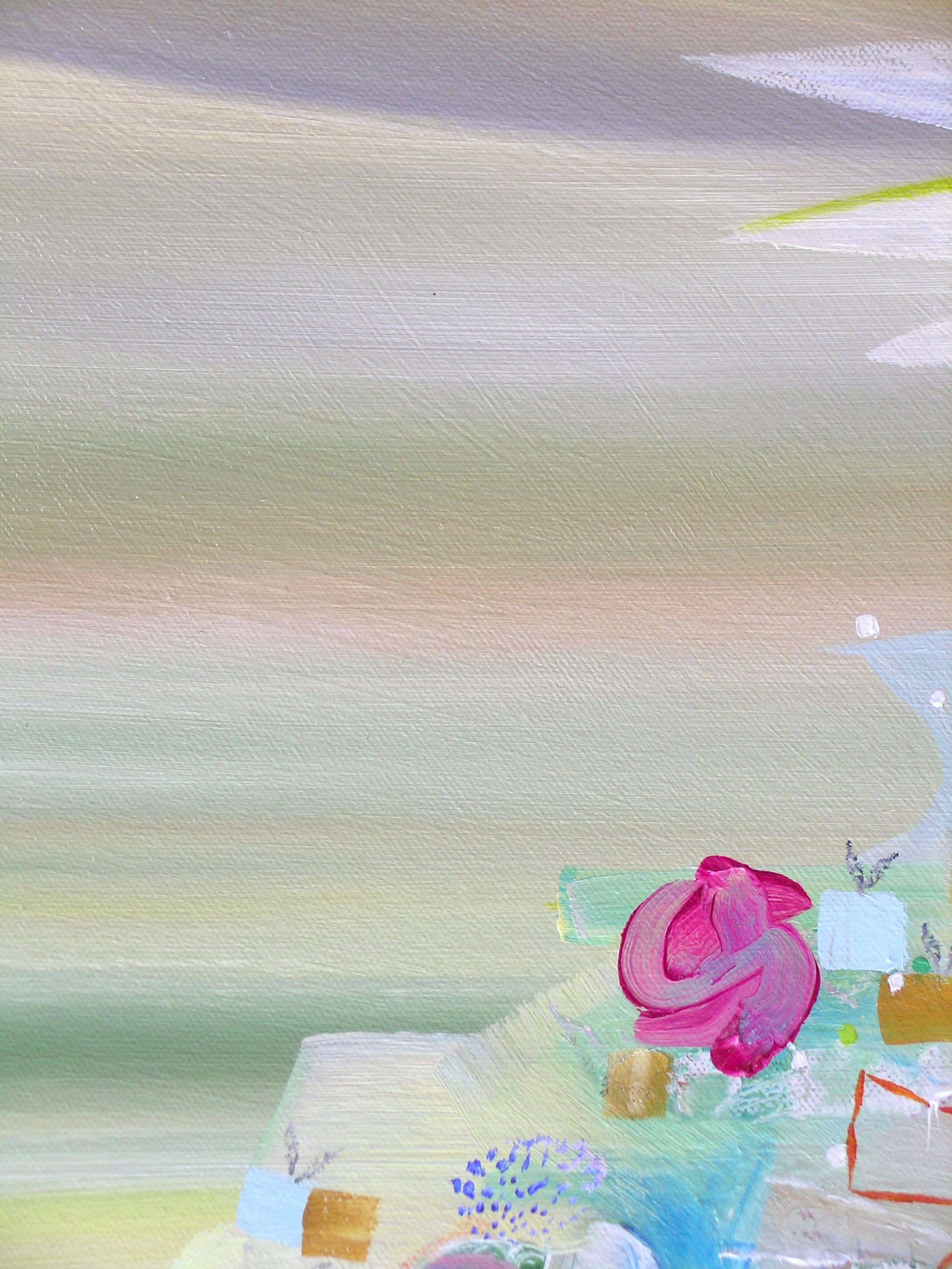 Dans cette peinture à l'huile abstraite contemporaine sur toile, des sections judicieusement combinées de textures variées et des zones de motifs, de rayures, de cercles, de points et d'ondulations sont vivantes et gaies dans des couleurs