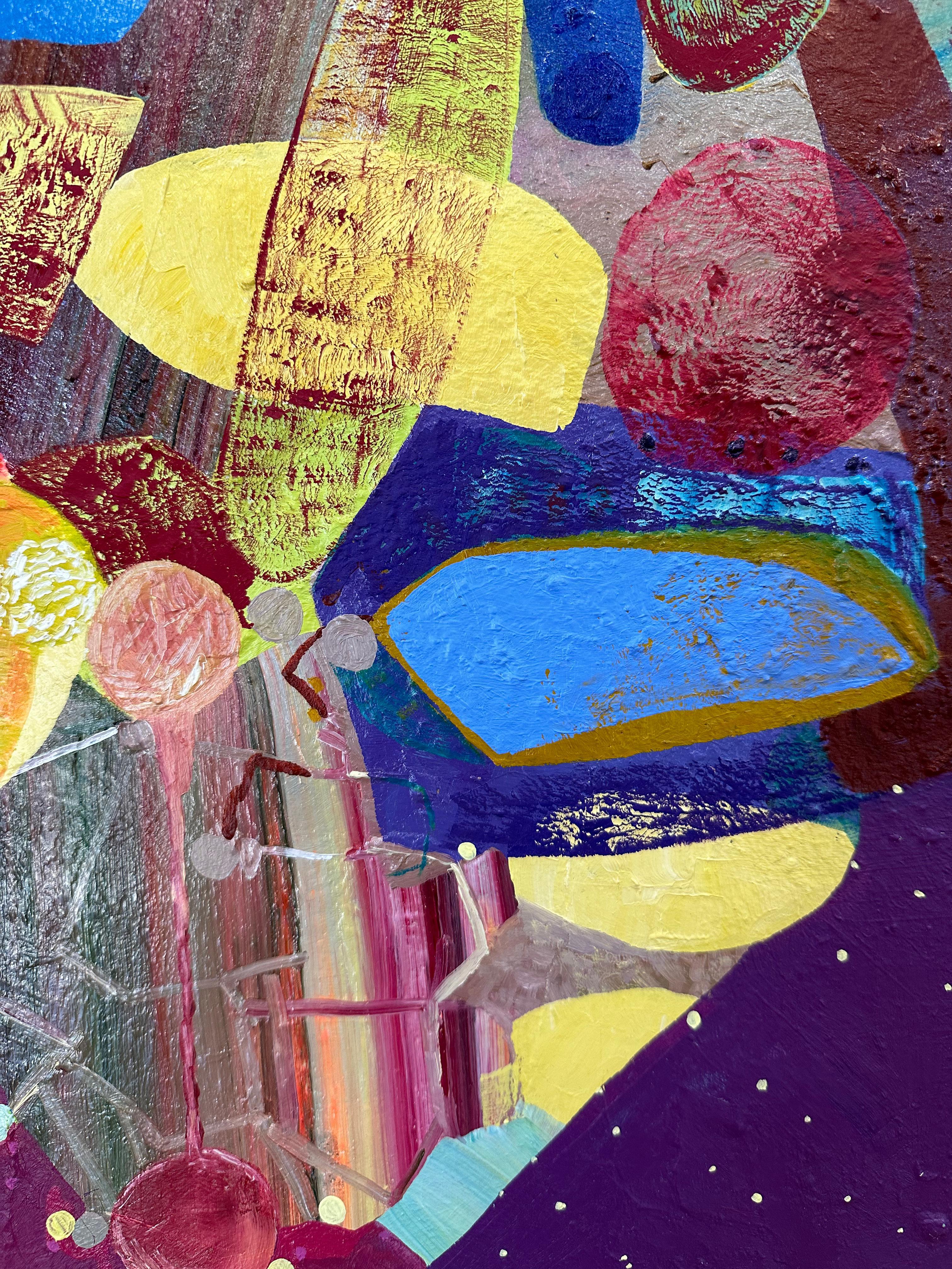 This contemporary, colorful abstract painting in oil paint on panel is composed of carefully combined sections of various textures and areas of pattern, circles, dots and undulations, in exuberant, cheerful color. Little moments in shades of