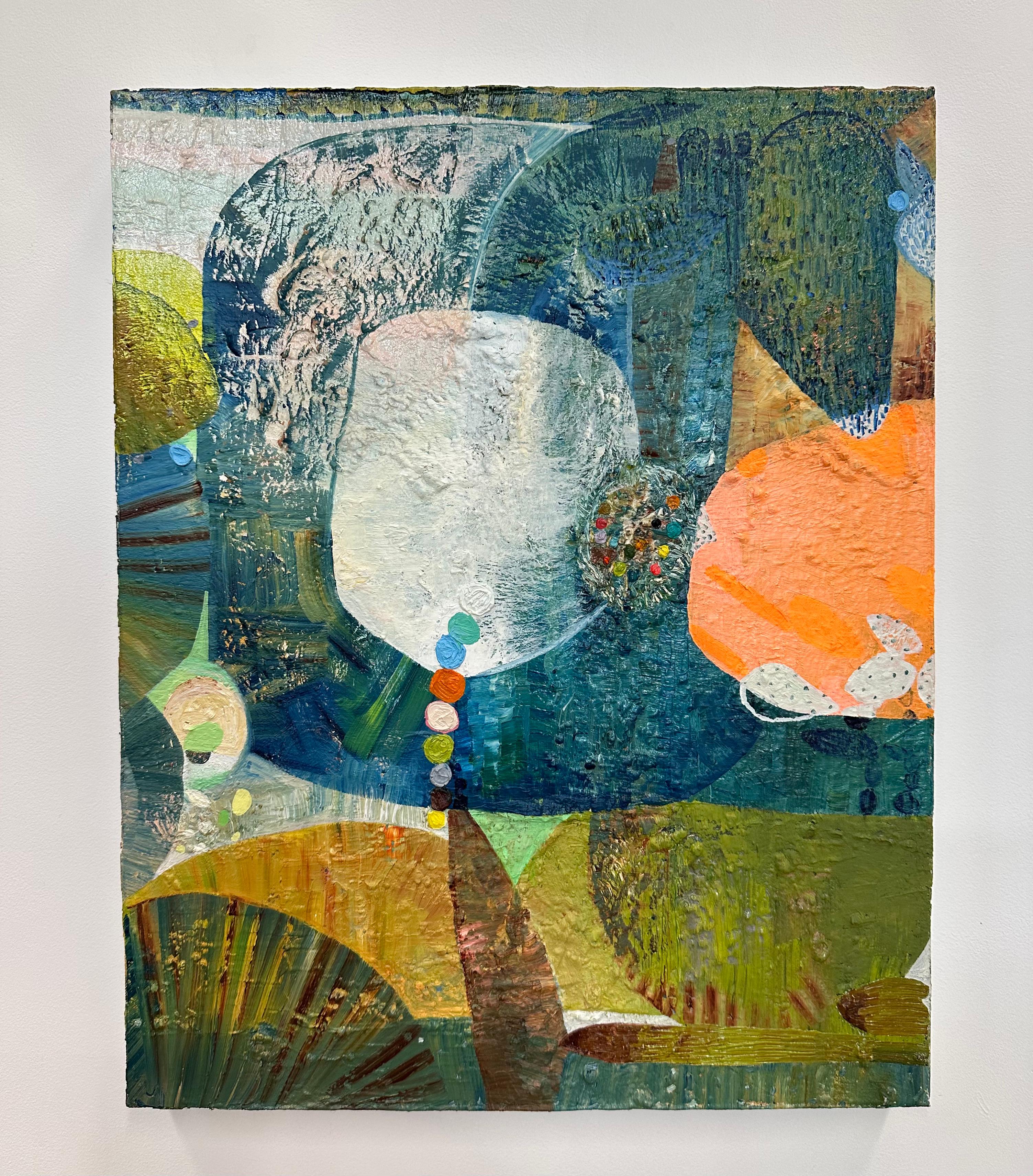 Prima fioritura - Pittura a olio astratta contemporanea, motivi di colore verde acqua, 2023 - Painting di Josette Urso