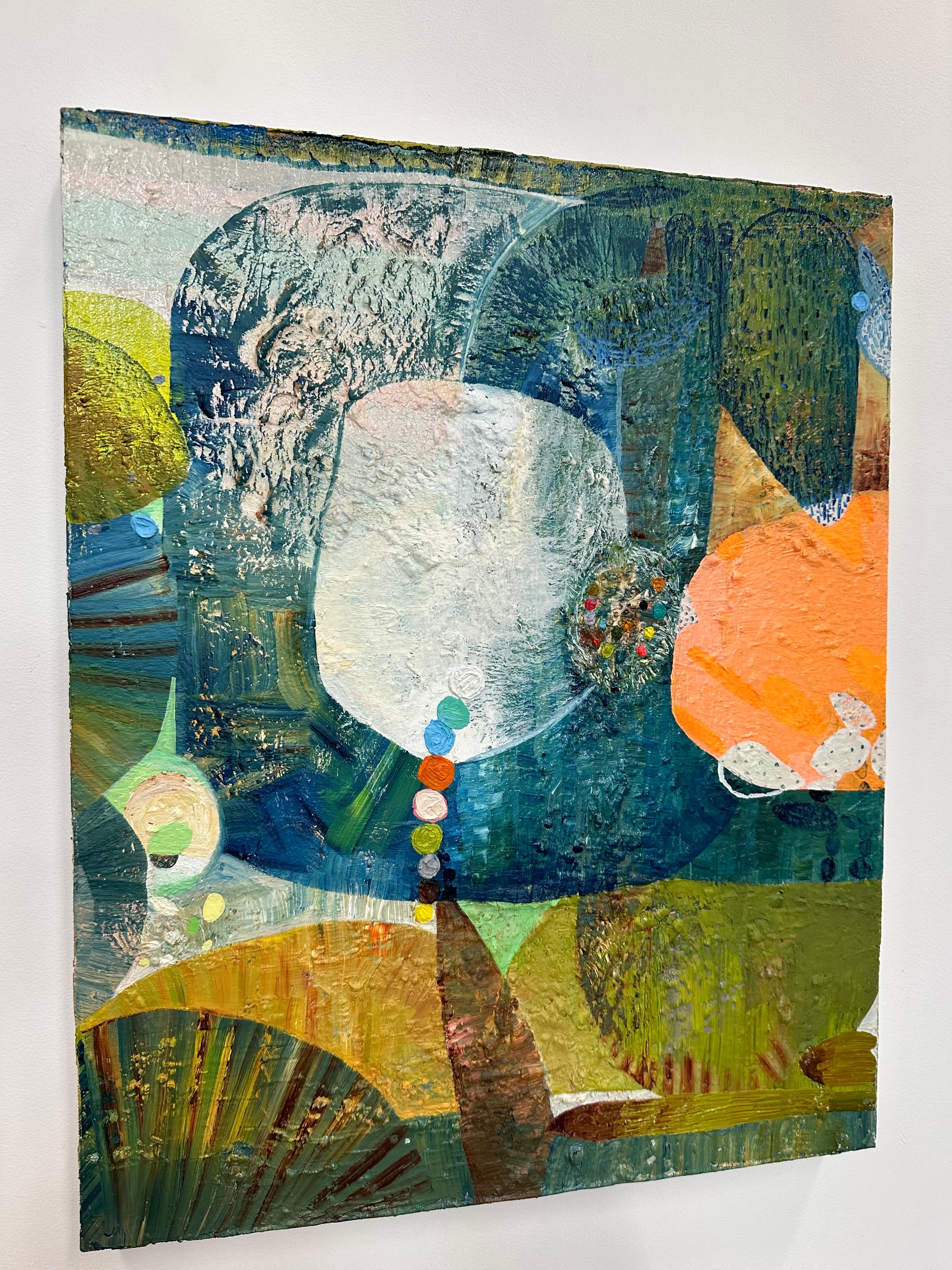 Prima fioritura - Pittura a olio astratta contemporanea, motivi di colore verde acqua, 2023 - Abstract Painting Grigio di Josette Urso
