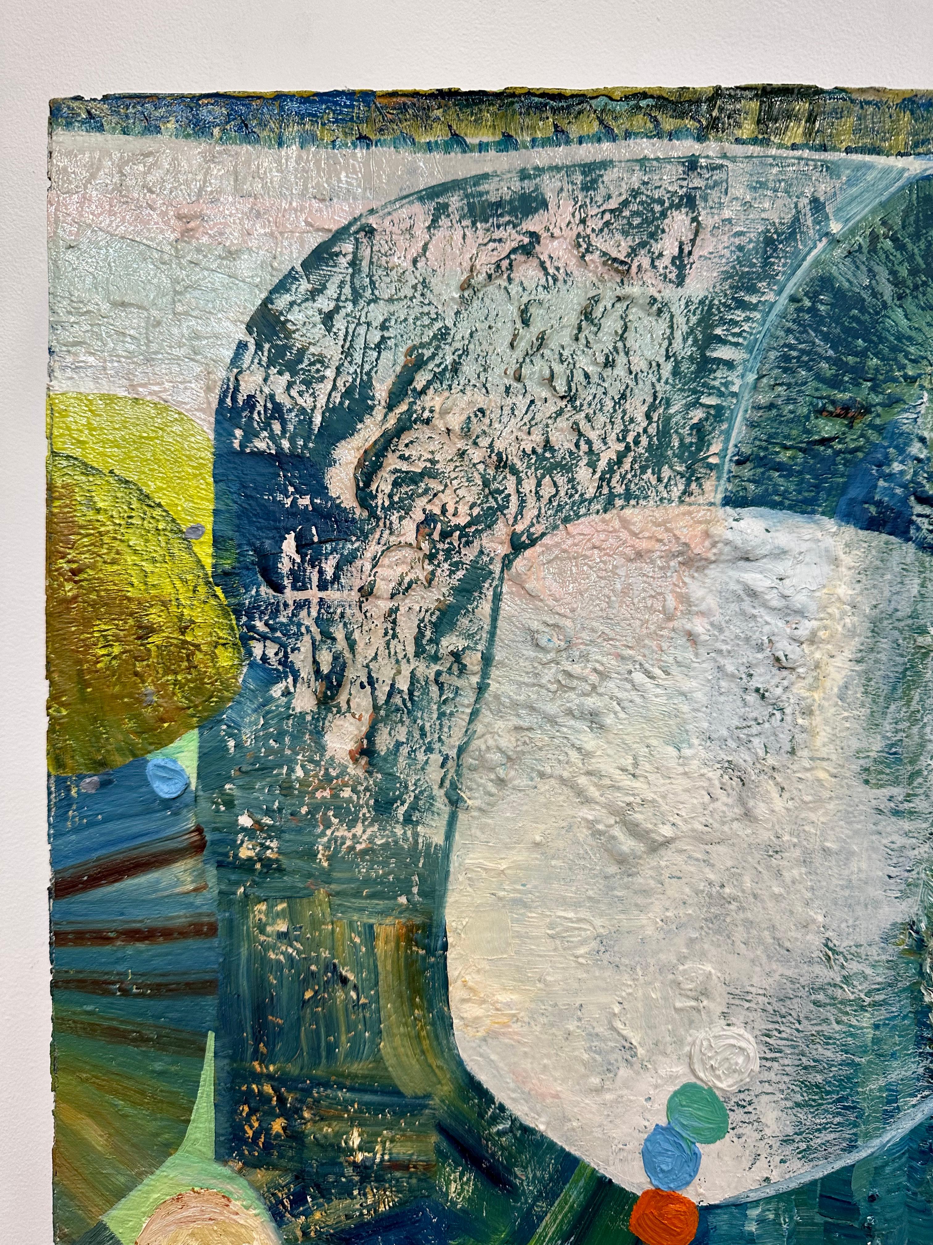 Questo dipinto a olio astratto e contemporaneo è composto da sezioni accuratamente combinate di varie texture e aree di motivi, cerchi, punti e ondulazioni, in colori esuberanti e allegri. Piccoli momenti nelle tonalità dell'arancio, del corallo,