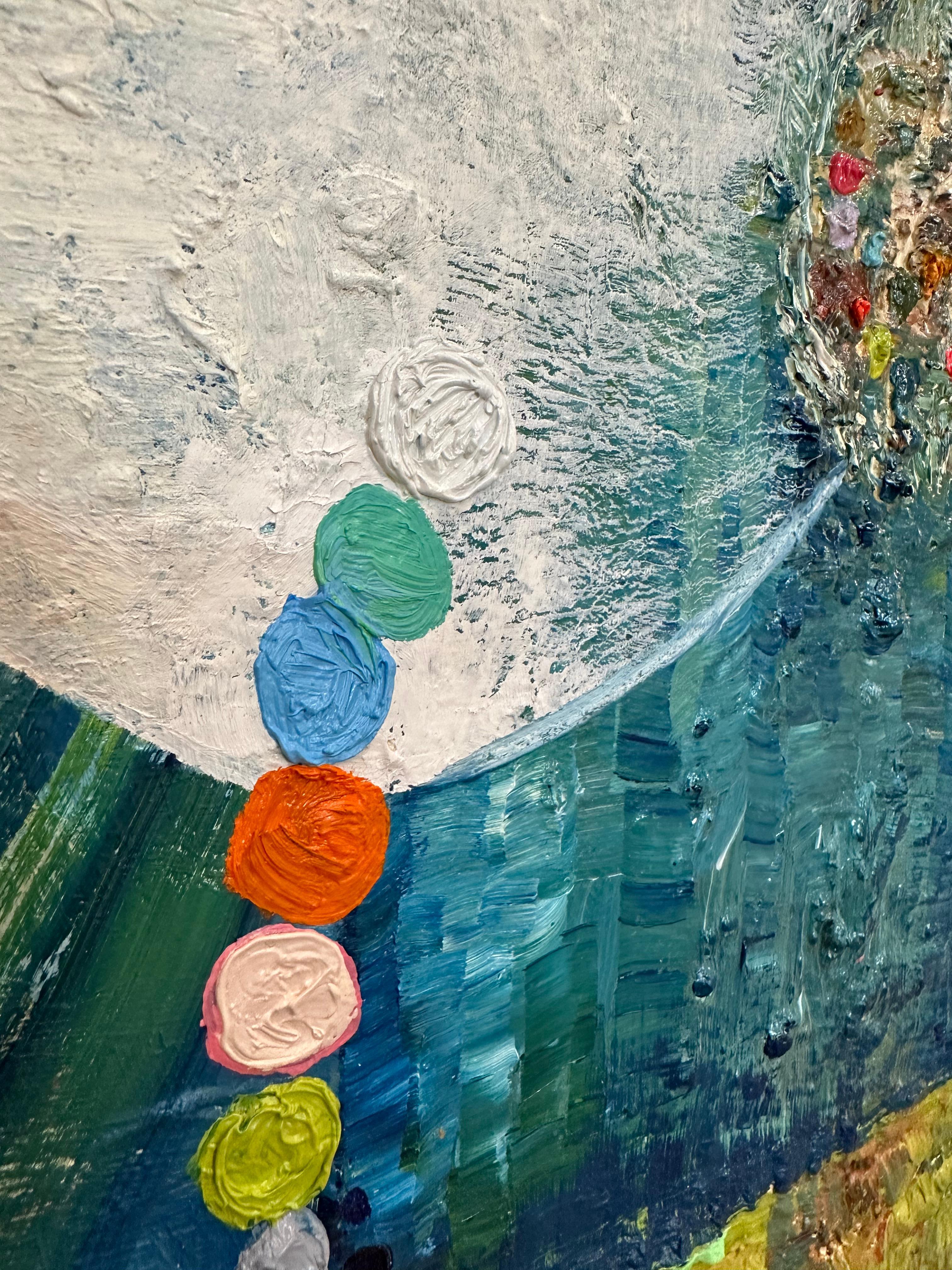 Prima fioritura - Pittura a olio astratta contemporanea, motivi di colore verde acqua, 2023 in vendita 1