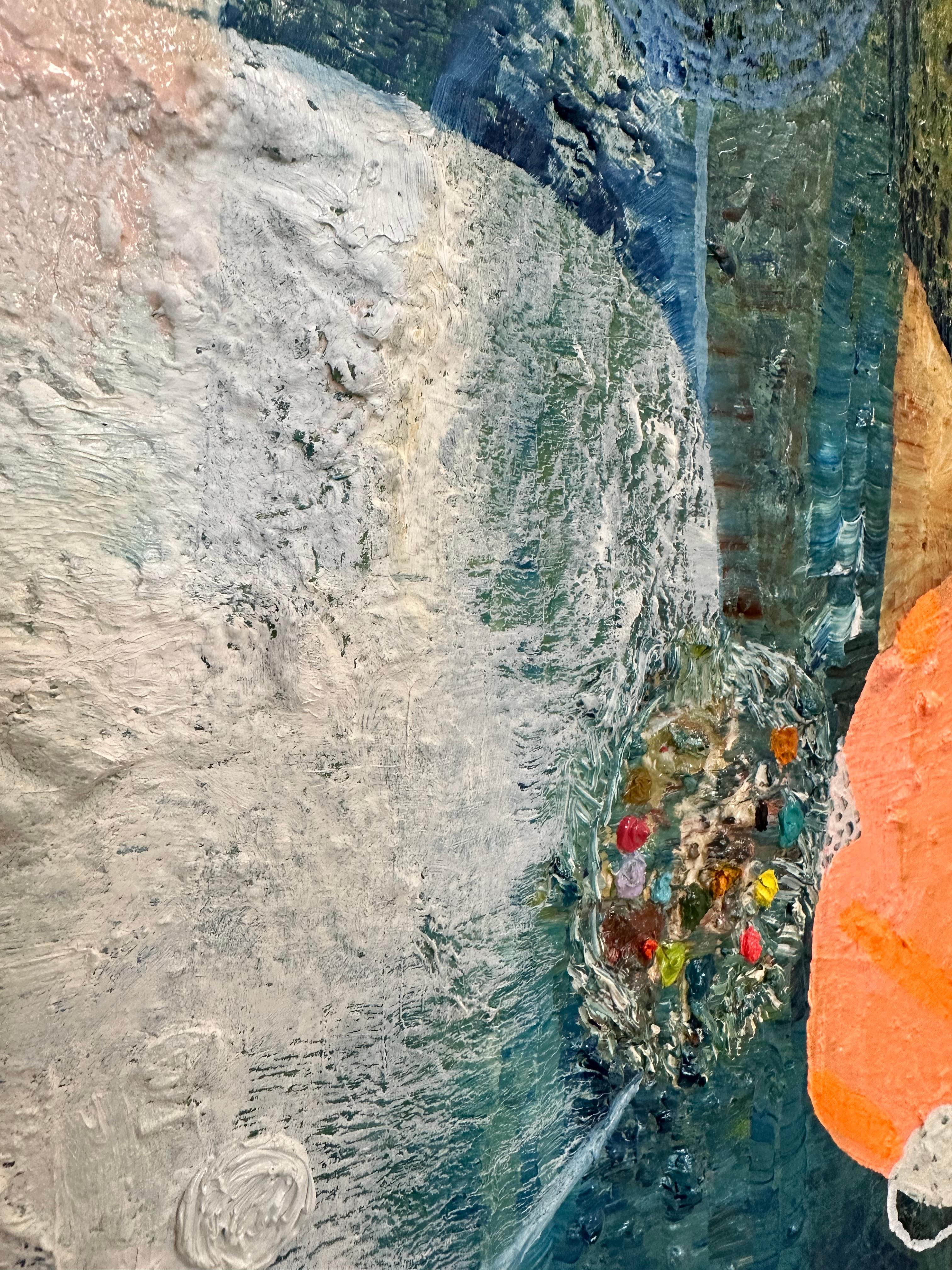 Prima fioritura - Pittura a olio astratta contemporanea, motivi di colore verde acqua, 2023 in vendita 2