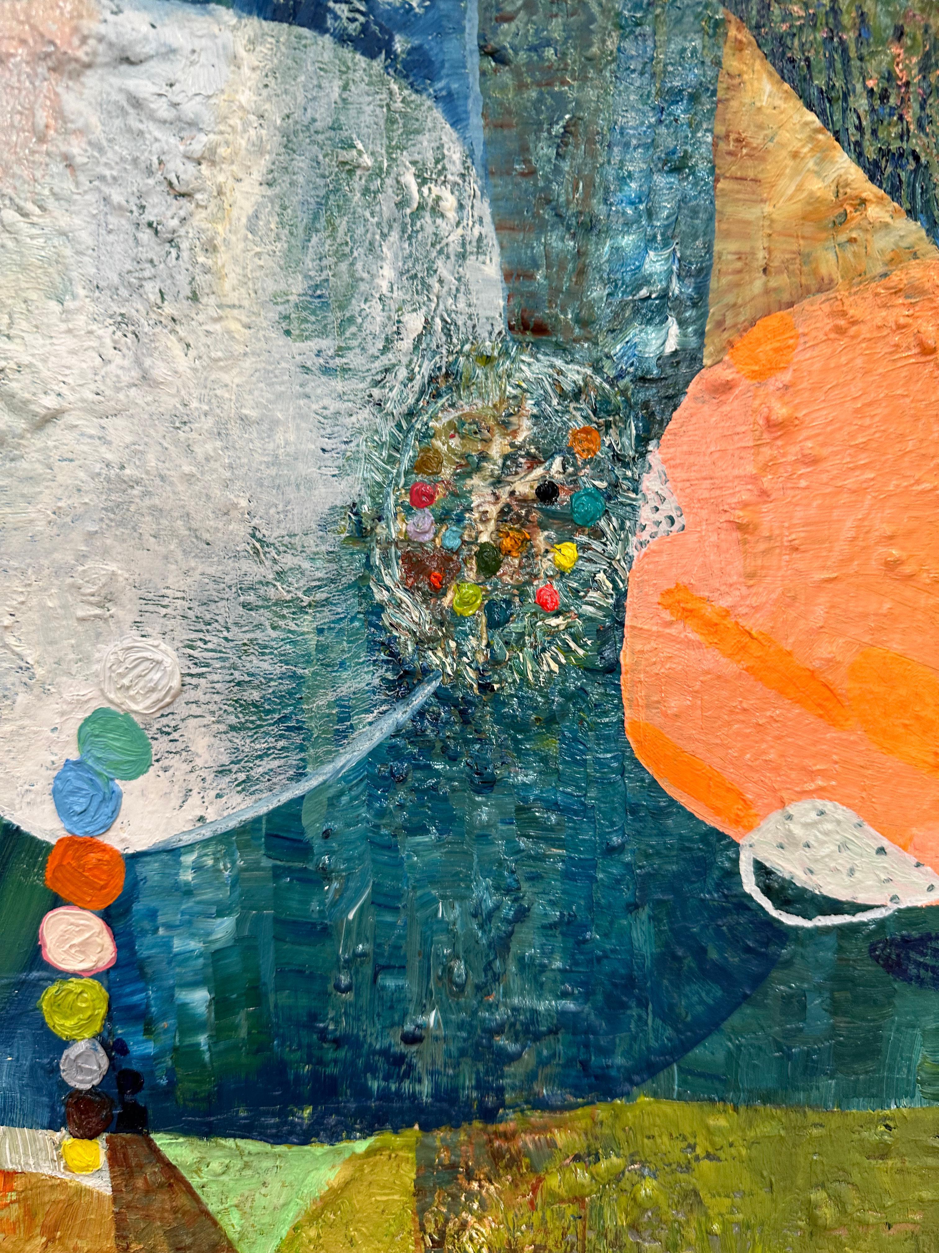 Prima fioritura - Pittura a olio astratta contemporanea, motivi di colore verde acqua, 2023 in vendita 3