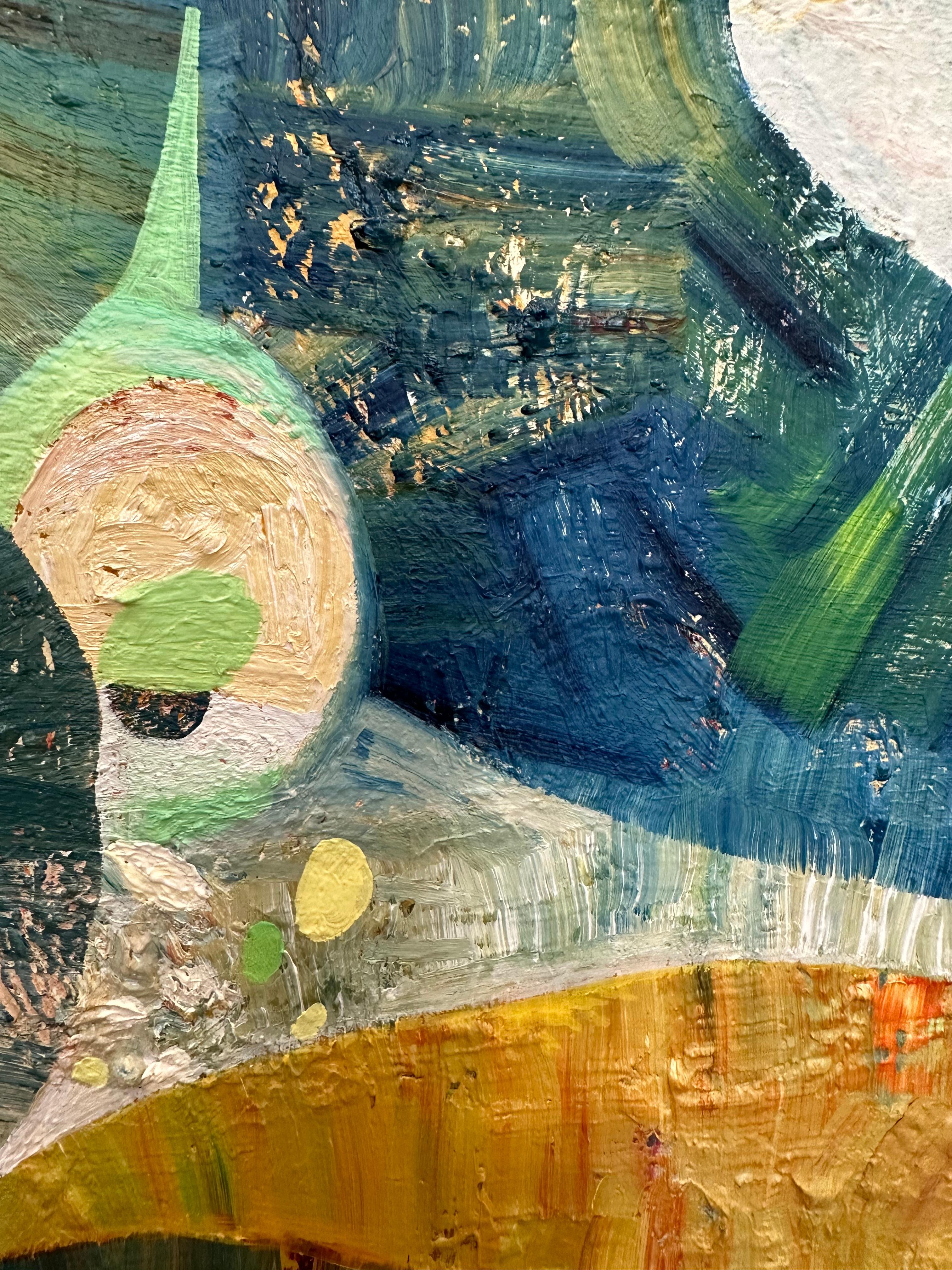 Prima fioritura - Pittura a olio astratta contemporanea, motivi di colore verde acqua, 2023 in vendita 4