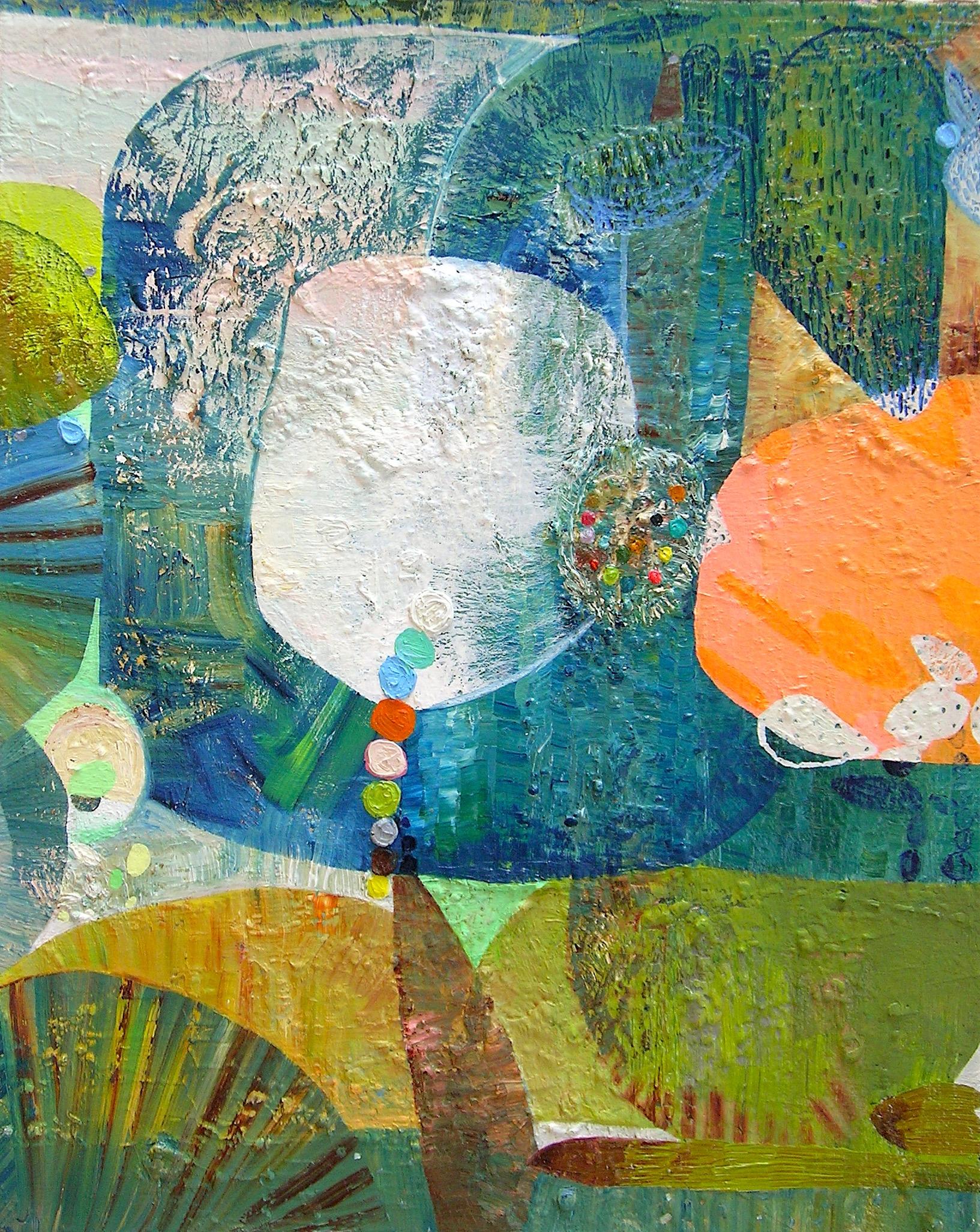Josette Urso Abstract Painting - First Bloom, Teal, Olive, Grass Green, Coral, Orange, White Abstract Patterns
