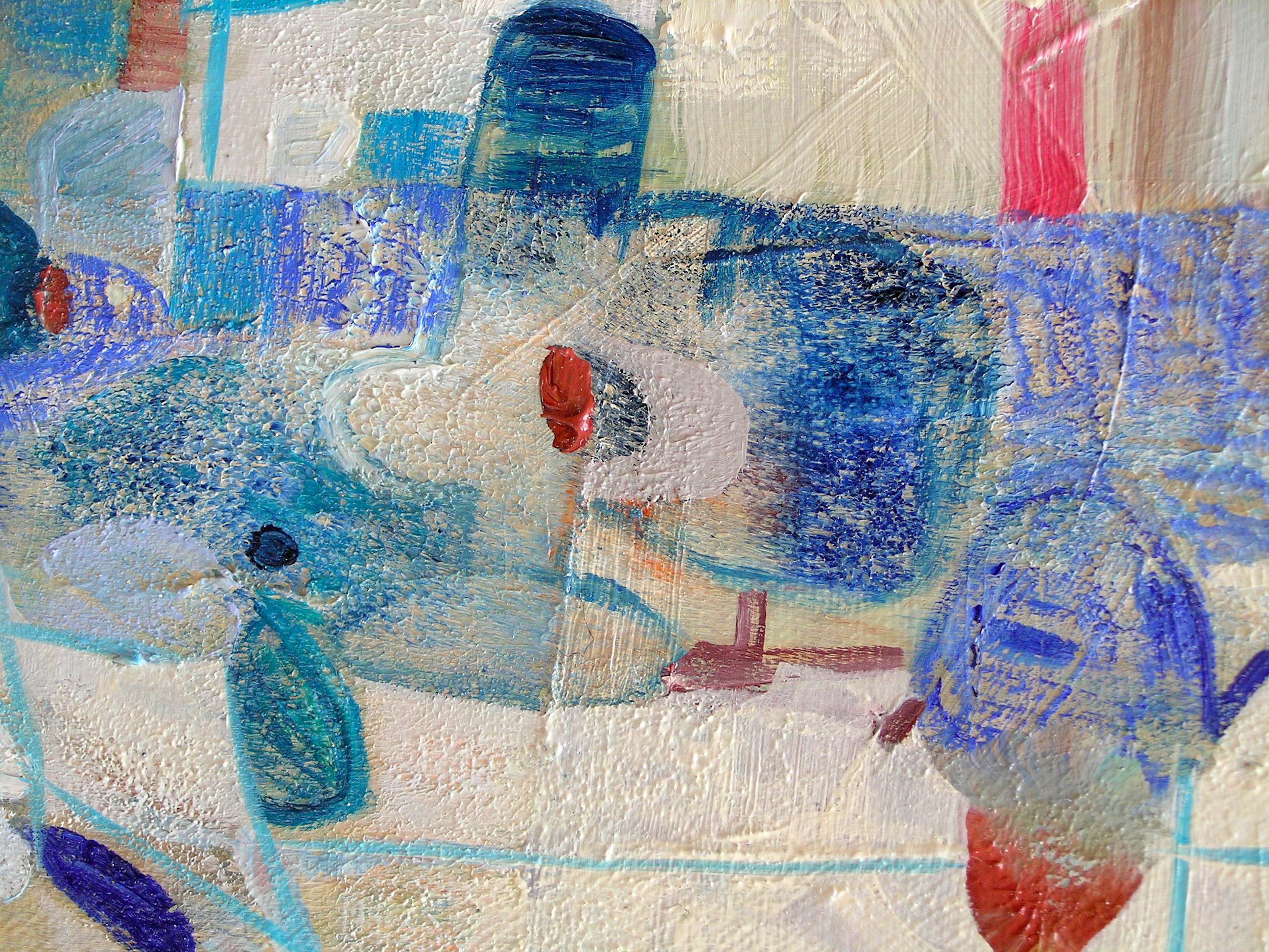 In questo dipinto astratto contemporaneo a olio su tela, sezioni di texture diverse e aree di motivi, strisce, cerchi, punti e ondulazioni sono allegri e dai colori vivaci ed esuberanti. Piccoli momenti nelle vibranti tonalità del verde erba, del