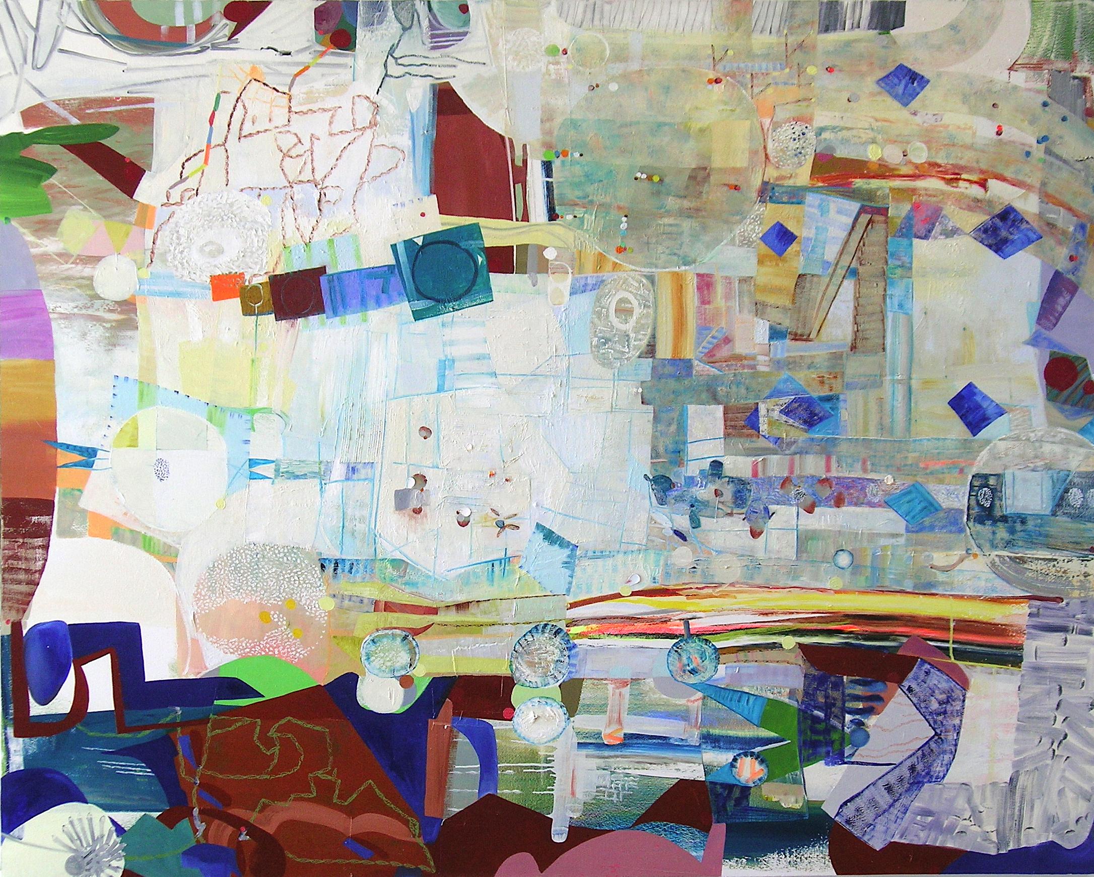 Josette Urso Abstract Painting - Free Verse, White, Navy, Cobalt Blue, Burgundy, Patterns, Circles, Squares