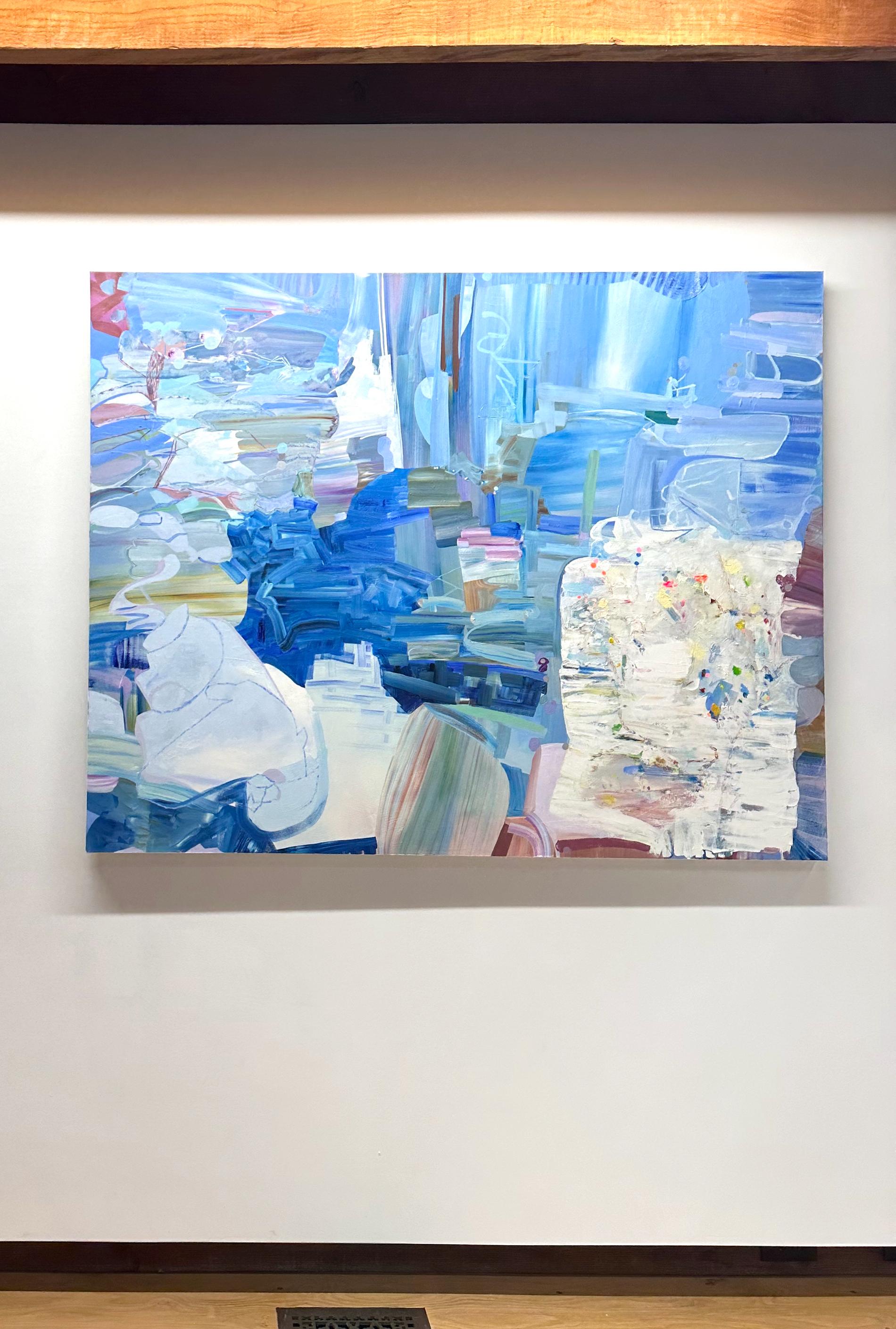 Abstraktes Gemälde in Grasblau mit Wildblume, Himmelblau, Elfenbein, Periwinkle, Magenta – Painting von Josette Urso