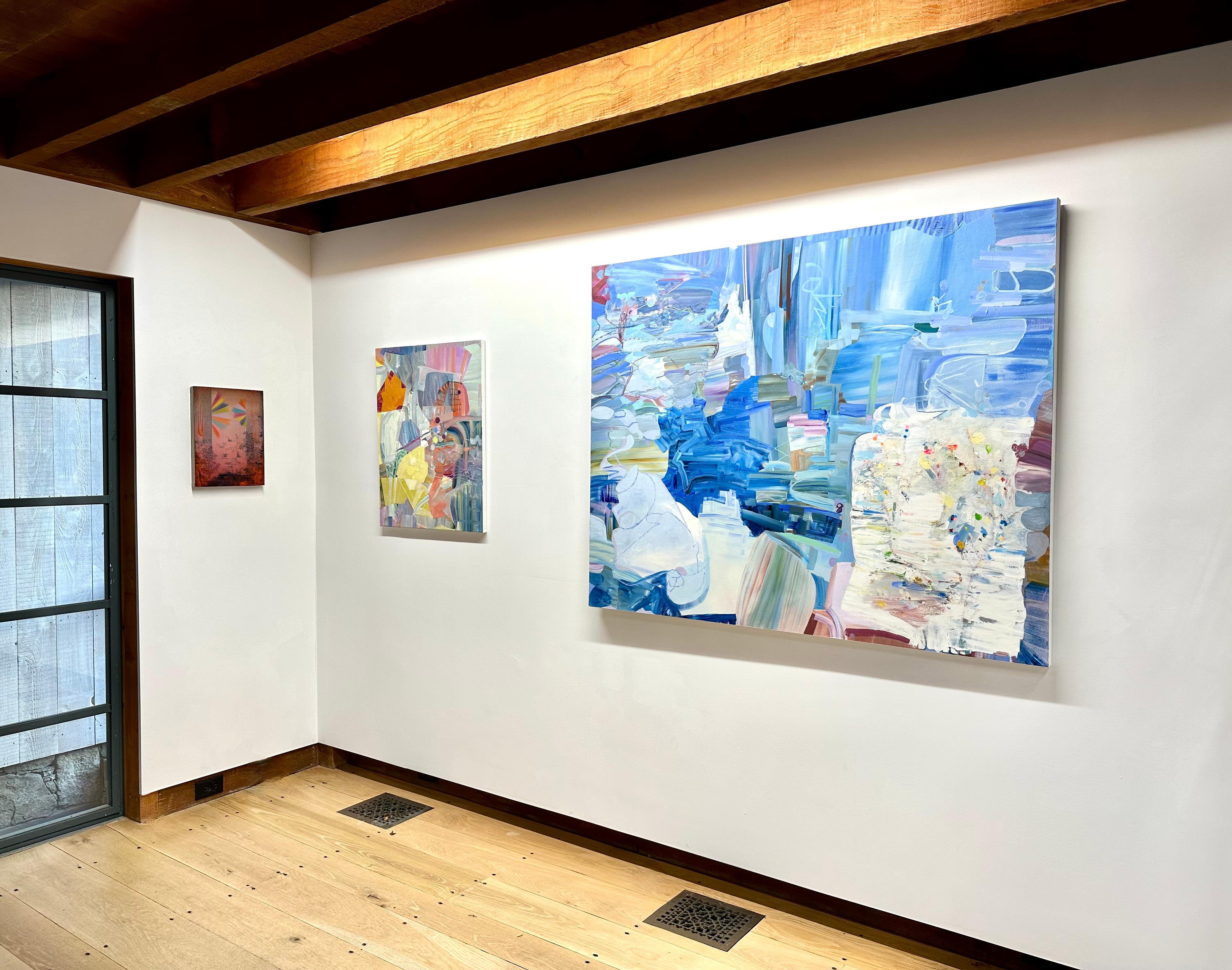 Abstraktes Gemälde in Grasblau mit Wildblume, Himmelblau, Elfenbein, Periwinkle, Magenta (Zeitgenössisch), Painting, von Josette Urso