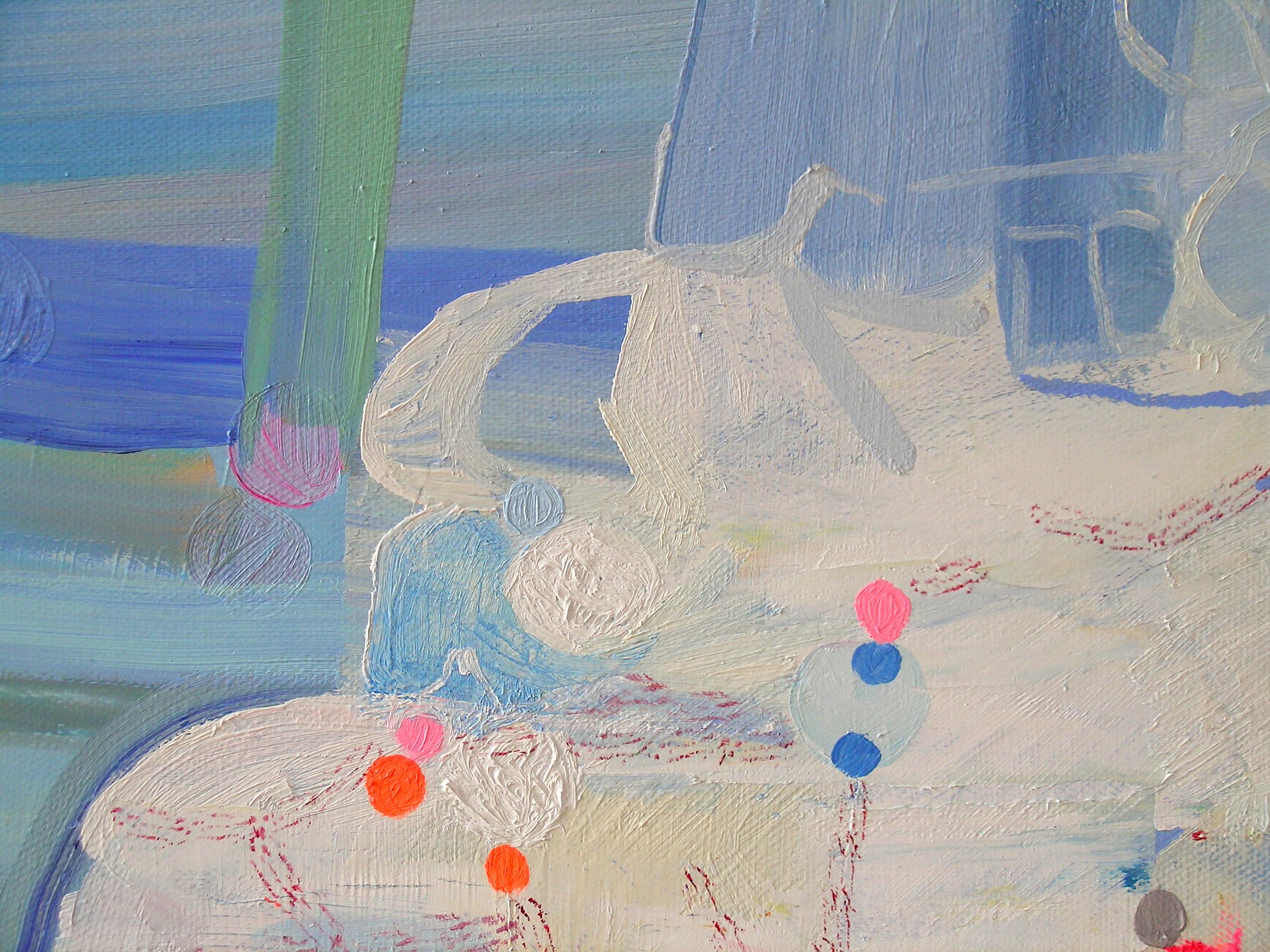 Abstraktes Gemälde in Grasblau mit Wildblume, Himmelblau, Elfenbein, Periwinkle, Magenta im Angebot 3