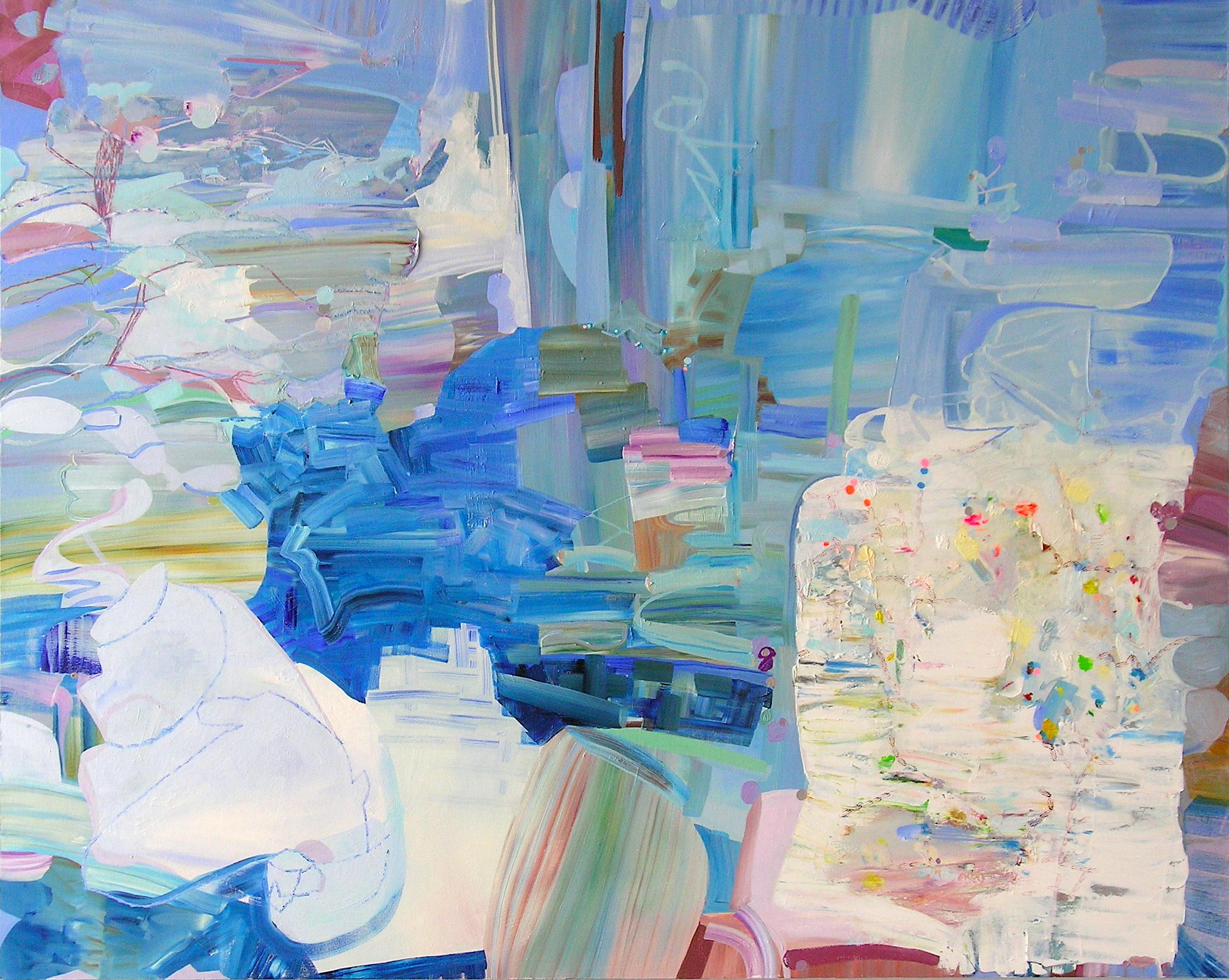 Josette Urso Abstract Painting – Abstraktes Gemälde in Grasblau mit Wildblume, Himmelblau, Elfenbein, Periwinkle, Magenta