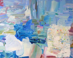 Abstraktes Gemälde in Grasblau mit Wildblume, Himmelblau, Elfenbein, Periwinkle, Magenta