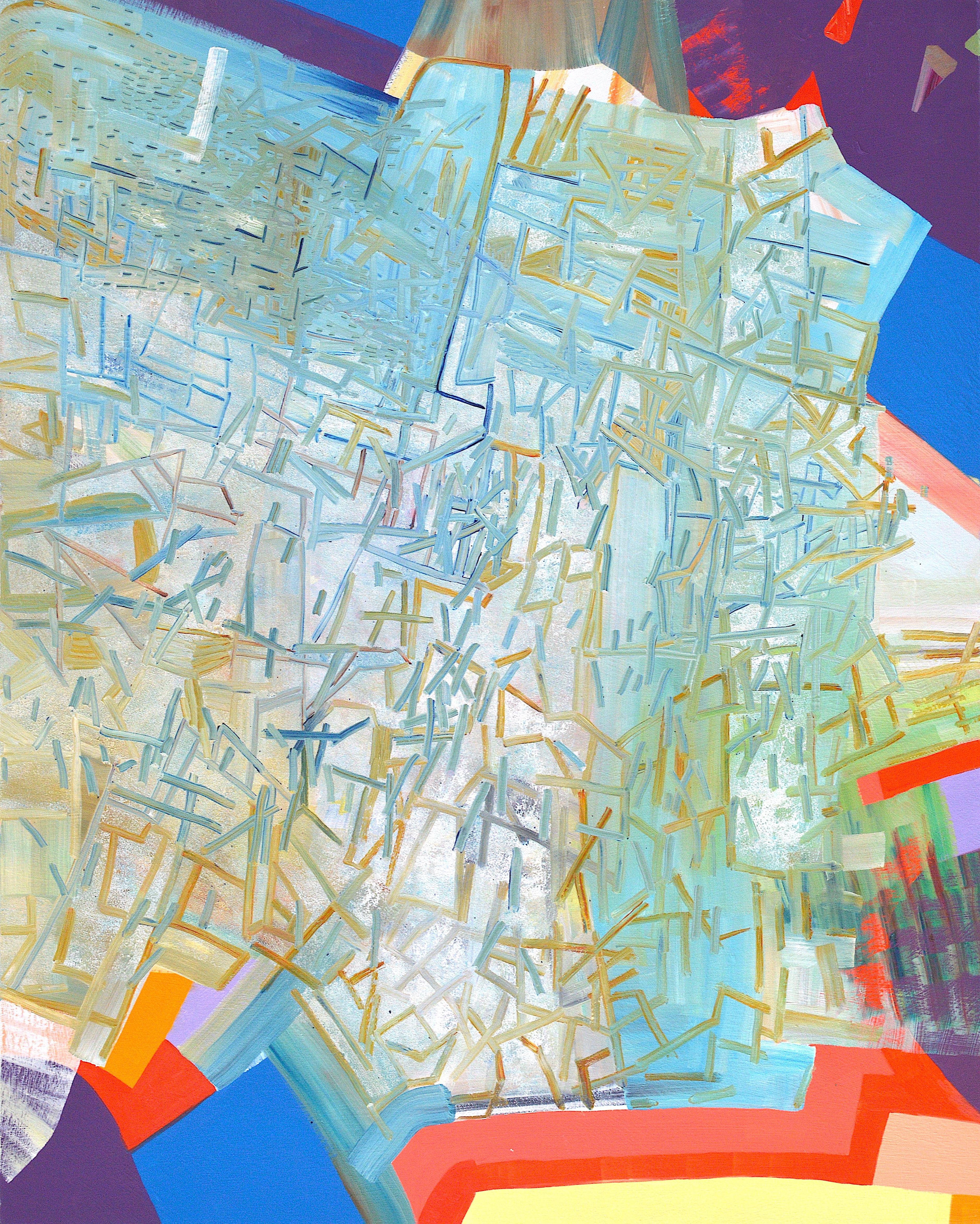Of her recent works, Urso states, "I make exploratory paintings, working in response to my immediate environment. My approach involves moment-to-moment extrapolation governed by intuitive leaps of scale, color, and wayward geometry. As I paint,