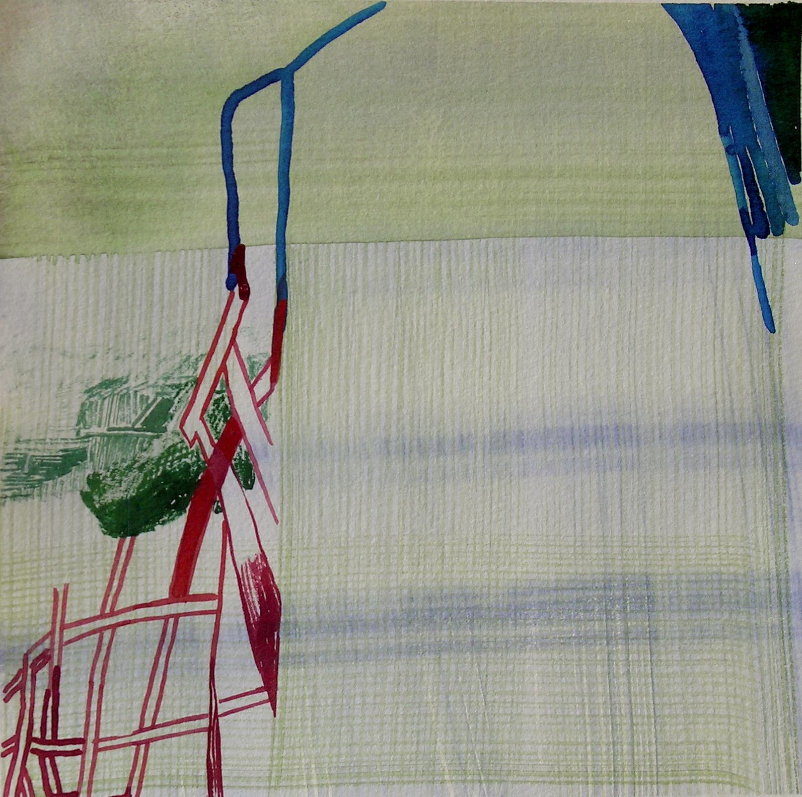 Josette Urso
Silo, 2019
watercolor on paper
6 x 6 in.
(urso211)

This small watercolor on paper features abstract red and blue linear shapes against a background of textured brushstrokes in shades of green, ivory, and blue. It is signed by the