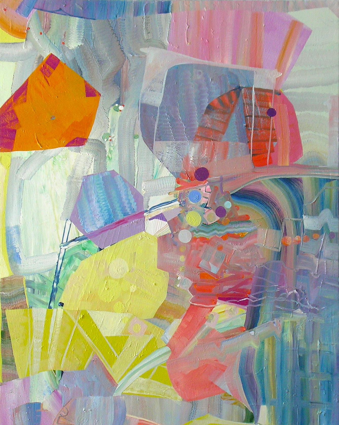 Josette Urso Abstract Painting – Lucky Number, Orange, Flieder, Goldgelb, Ocker, Violettblau, Elfenbein
