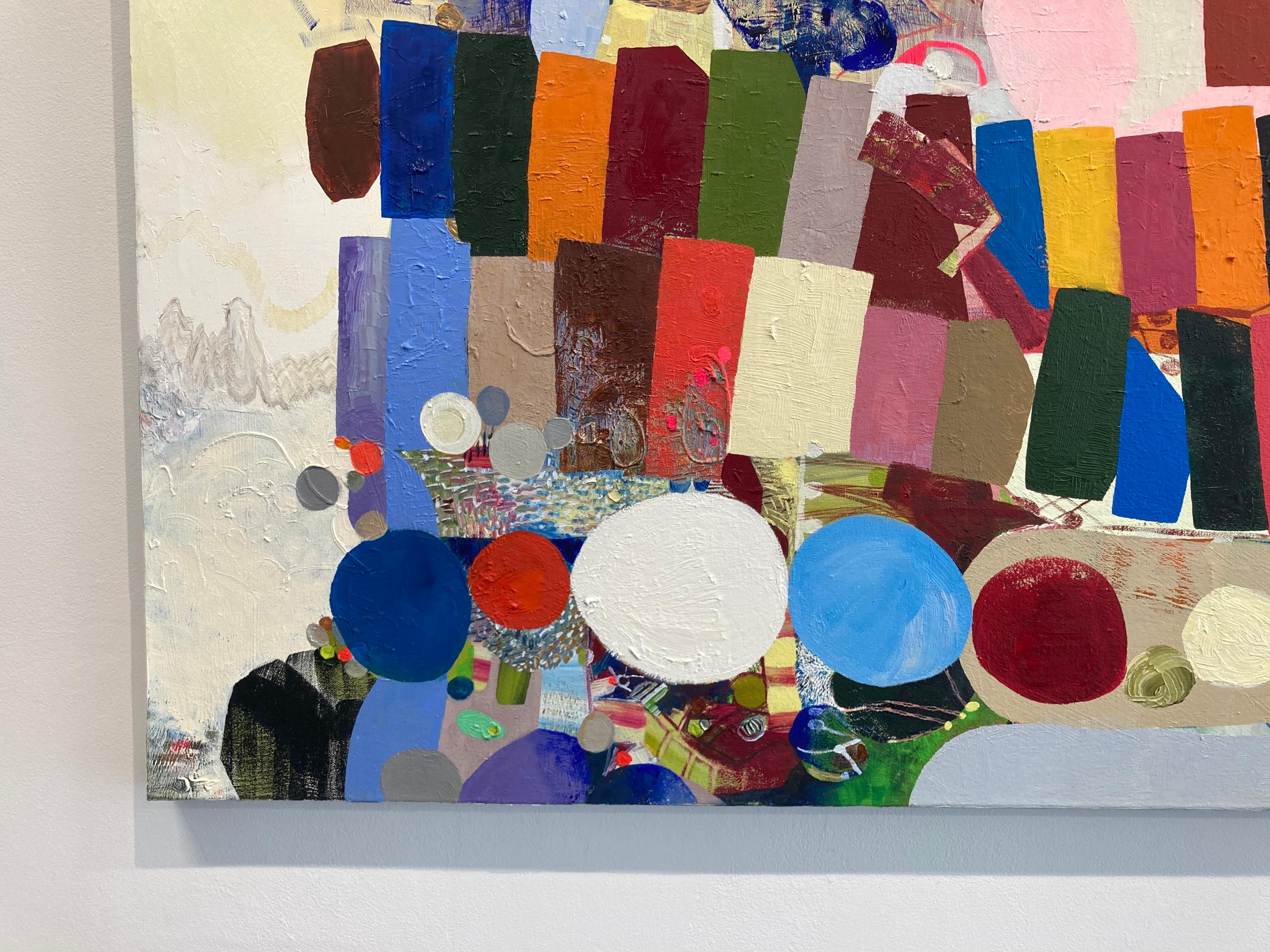 Panoramica - Pittura astratta contemporanea a olio con motivi di colore a cerchi, 2019 - Abstract Painting Grigio di Josette Urso