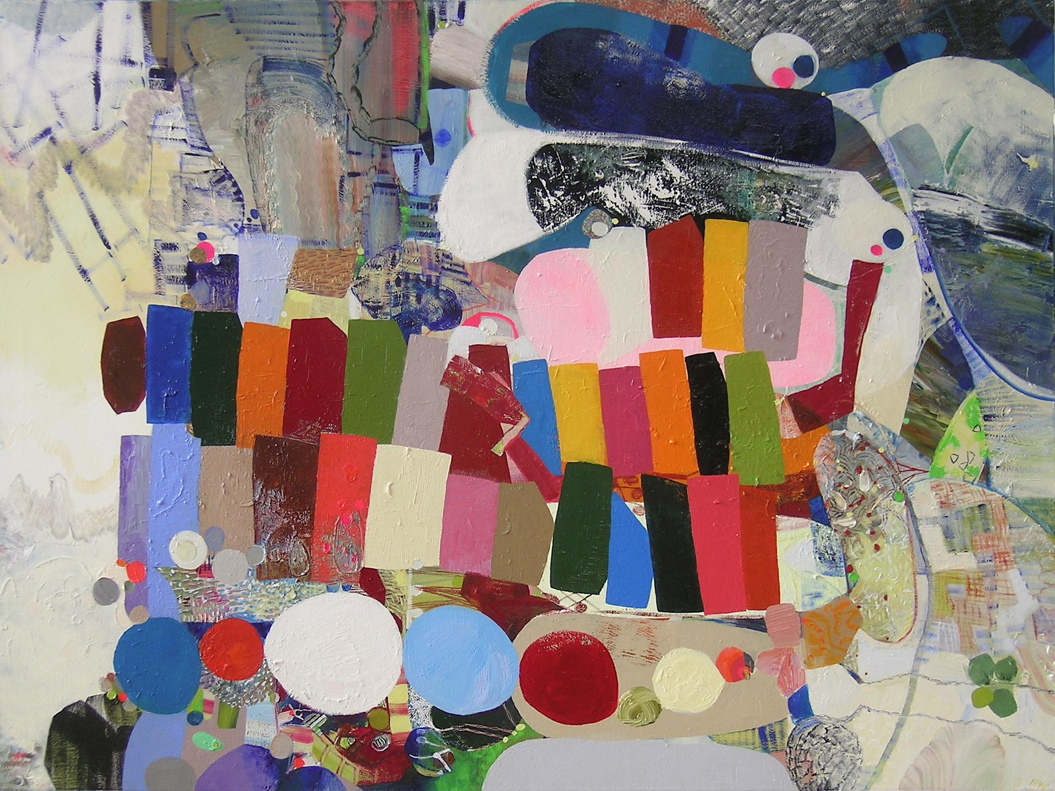 Abstract Painting di Josette Urso - Panoramica - Pittura astratta contemporanea a olio con motivi di colore a cerchi, 2019