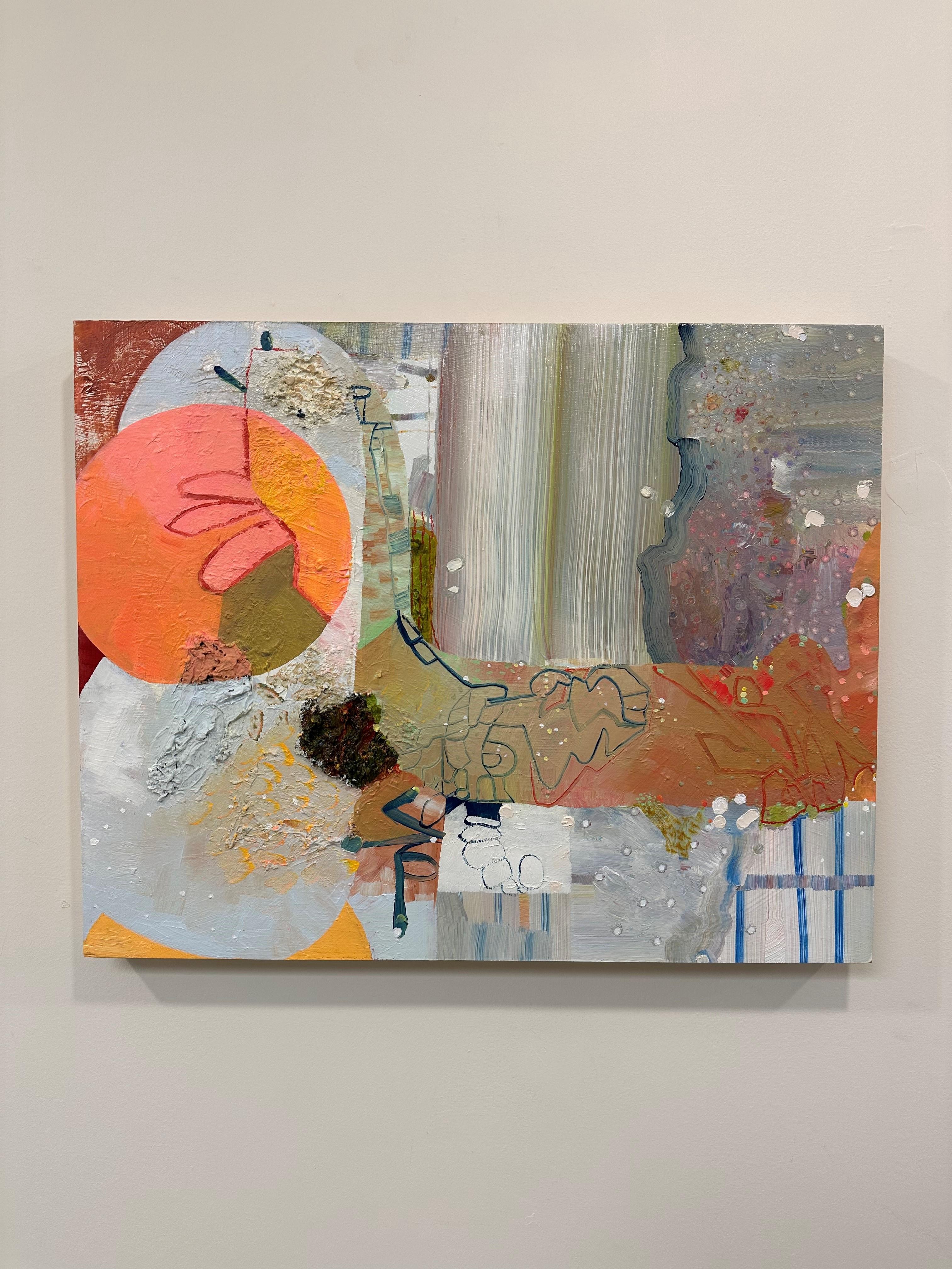 Klavier, Korallenrosa, Oranger Kreis, Salbeigrün, Weiß, Marineblau Abstrakte Muster – Painting von Josette Urso