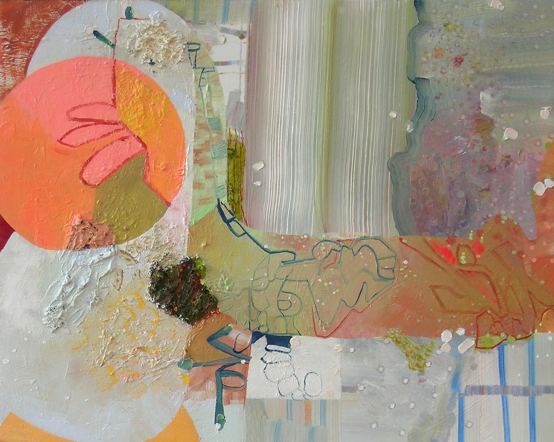Abstract Painting Josette Urso - Piano, rose corail, cercle orange, vert sauge, blanc, bleu marine motifs abstraits