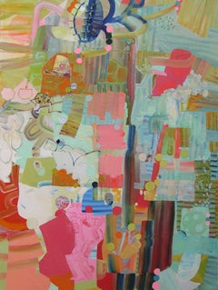 Saturday, Vertical Abstract Painting in Pink Coral, Mint Green, Teal Blue, Ochre