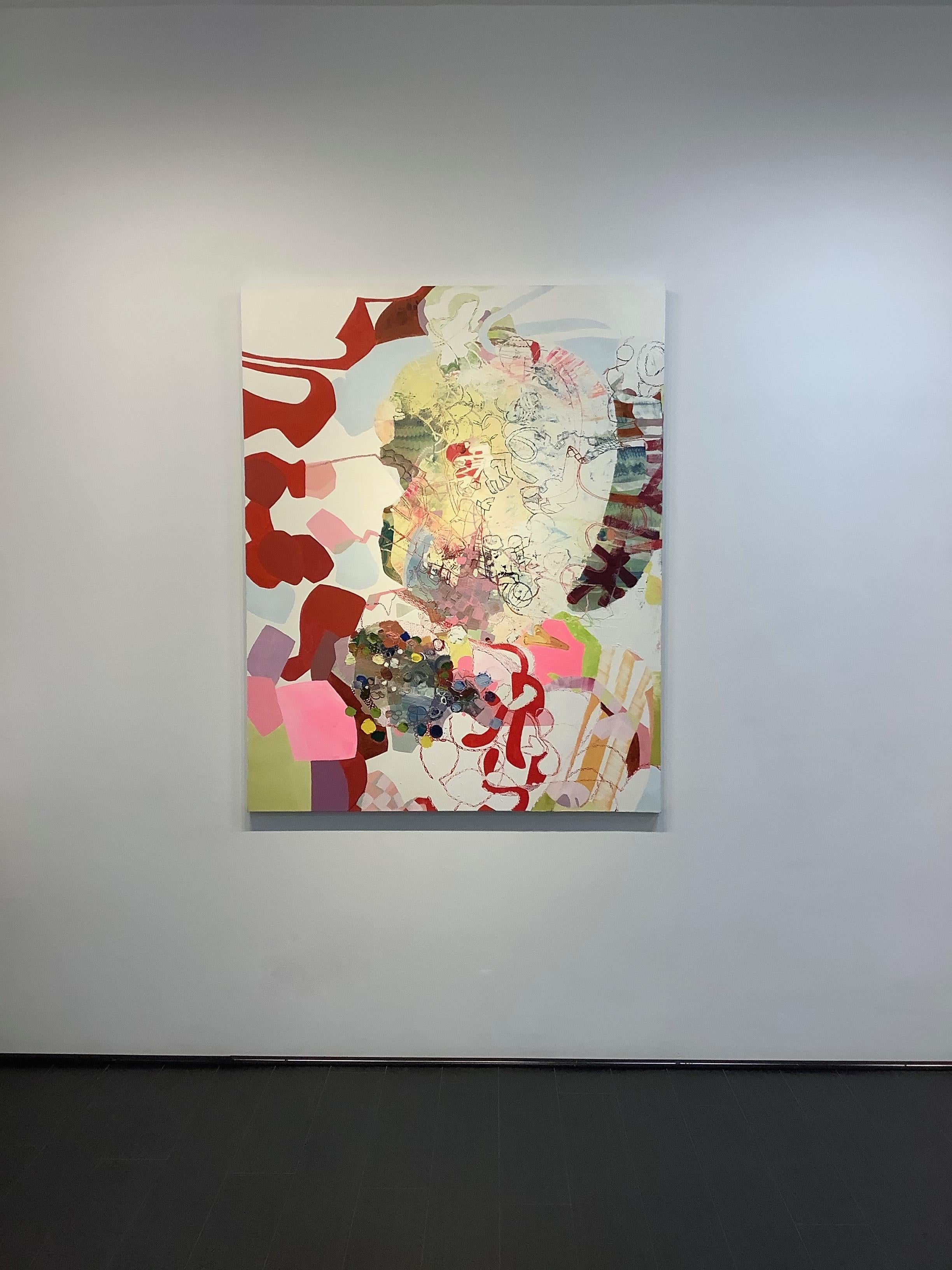 Say Yes - Modelli astratti rosso bianco rosa lilla borgogna giallo verde, 2017 - Abstract Painting Grigio di Josette Urso