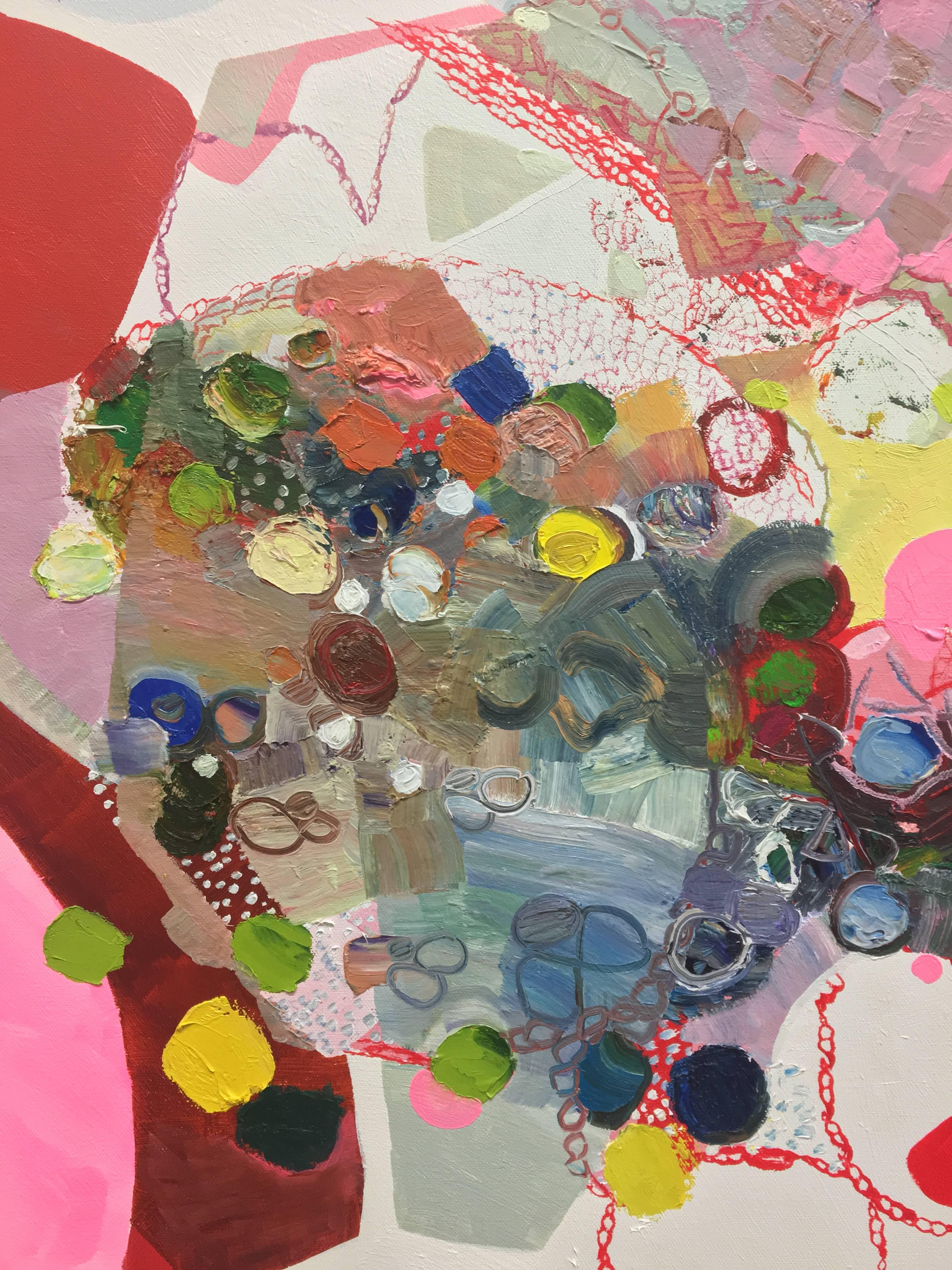 Sezioni combinate con cura di texture diverse e aree di motivi, strisce, cerchi, punti e ondulazioni sono allegri in colori vivaci ed esuberanti. Piccoli momenti di rosso, bordeaux, rosa acceso, verde lime, giallo, arancio e sfumature di blu e