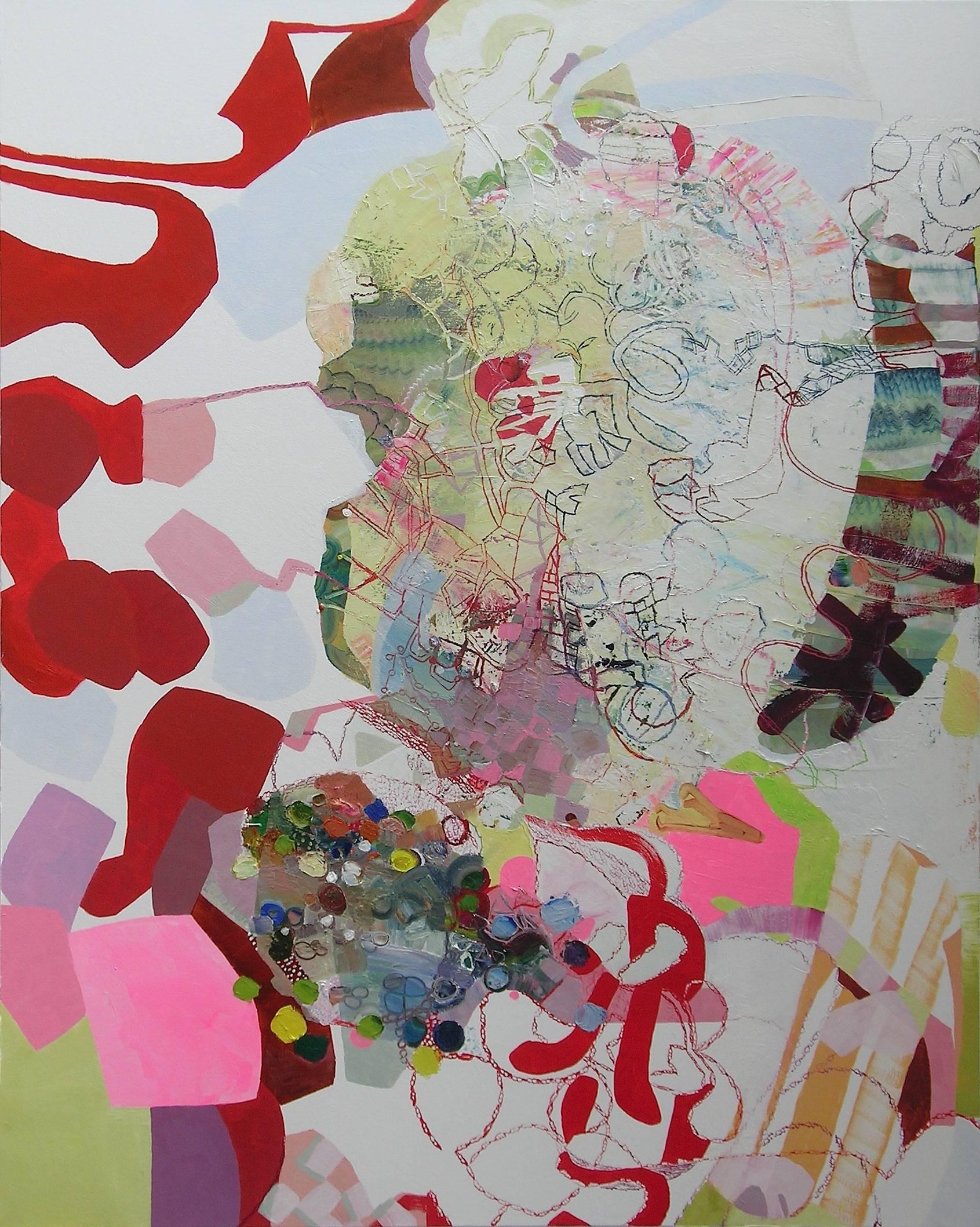 Josette Urso Abstract Painting – Say Yes - Abstract Red White Pink Lilac Burgundy Yellow Green Patterns, 2017