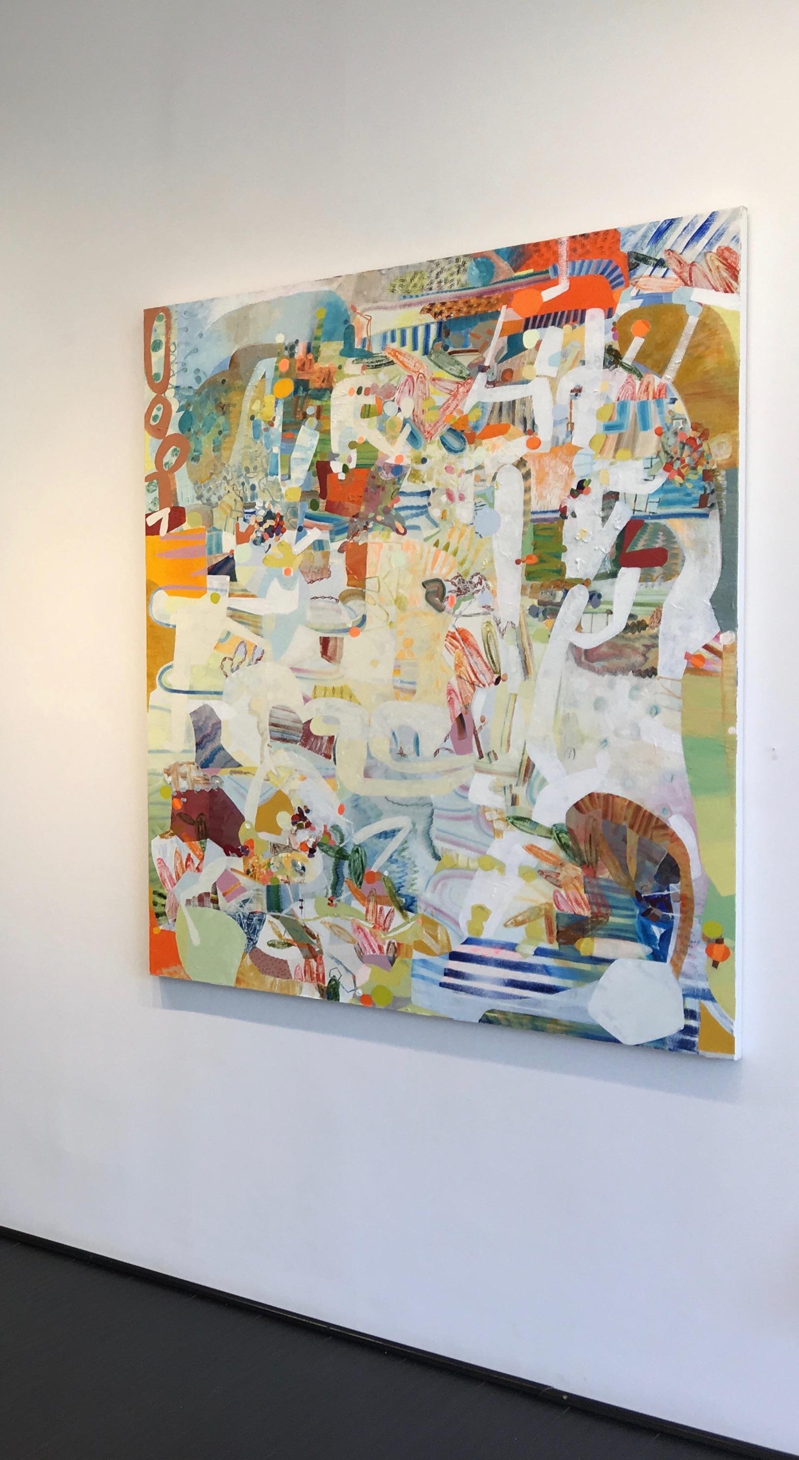 Second Story - Orange Olive Green Yellow Ochre Blue White Abstract, 2017 - Painting by Josette Urso