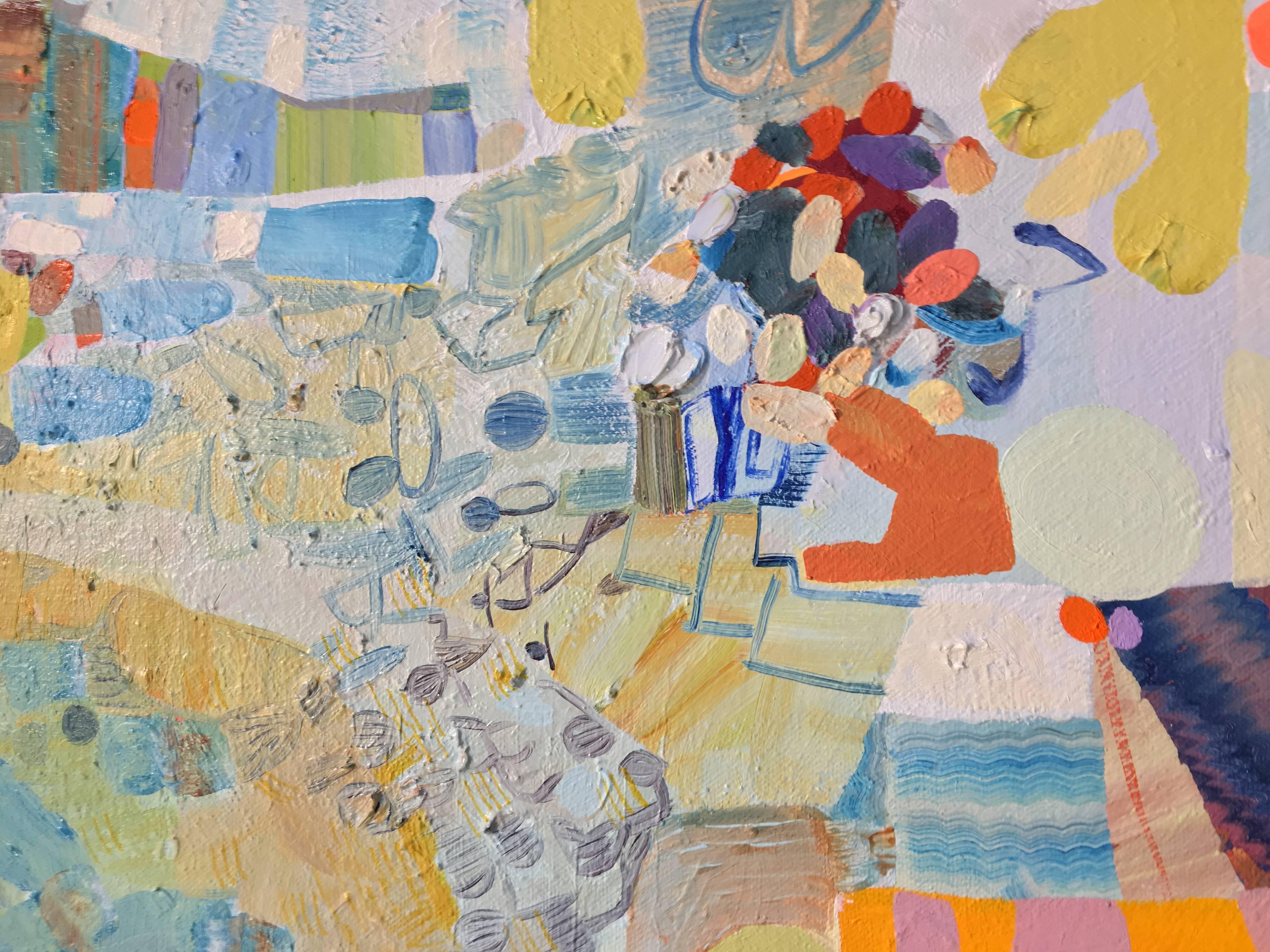 In this contemporary abstract painting in oil on canvas, thoughtfully combined sections of varying textures and areas of pattern, stripes, circles, dots and undulations are bright and cheerful in exuberant color. Little moments in vibrant shades of