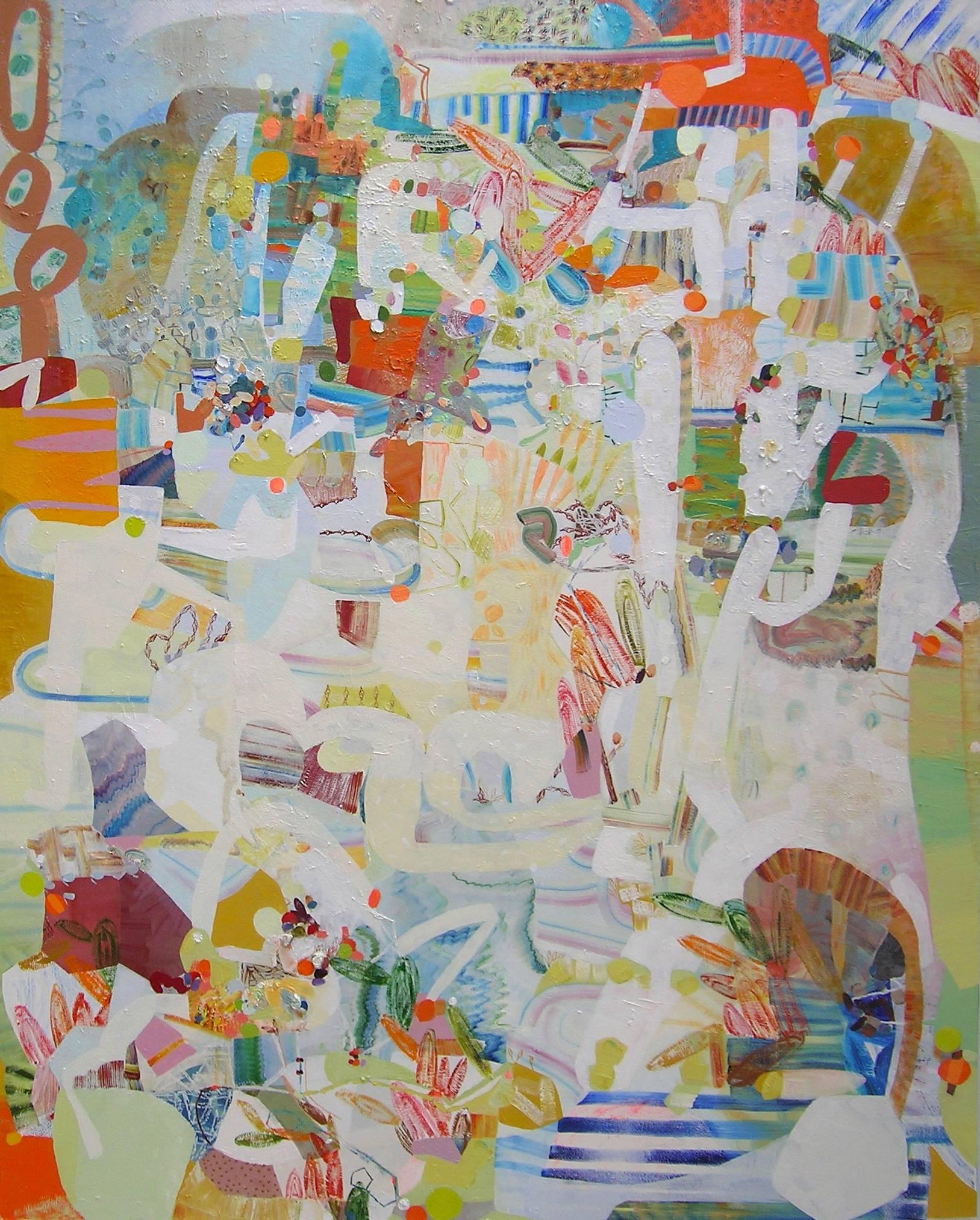 Josette Urso Abstract Painting - Second Story - Orange Olive Green Yellow Ochre Blue White Abstract, 2017