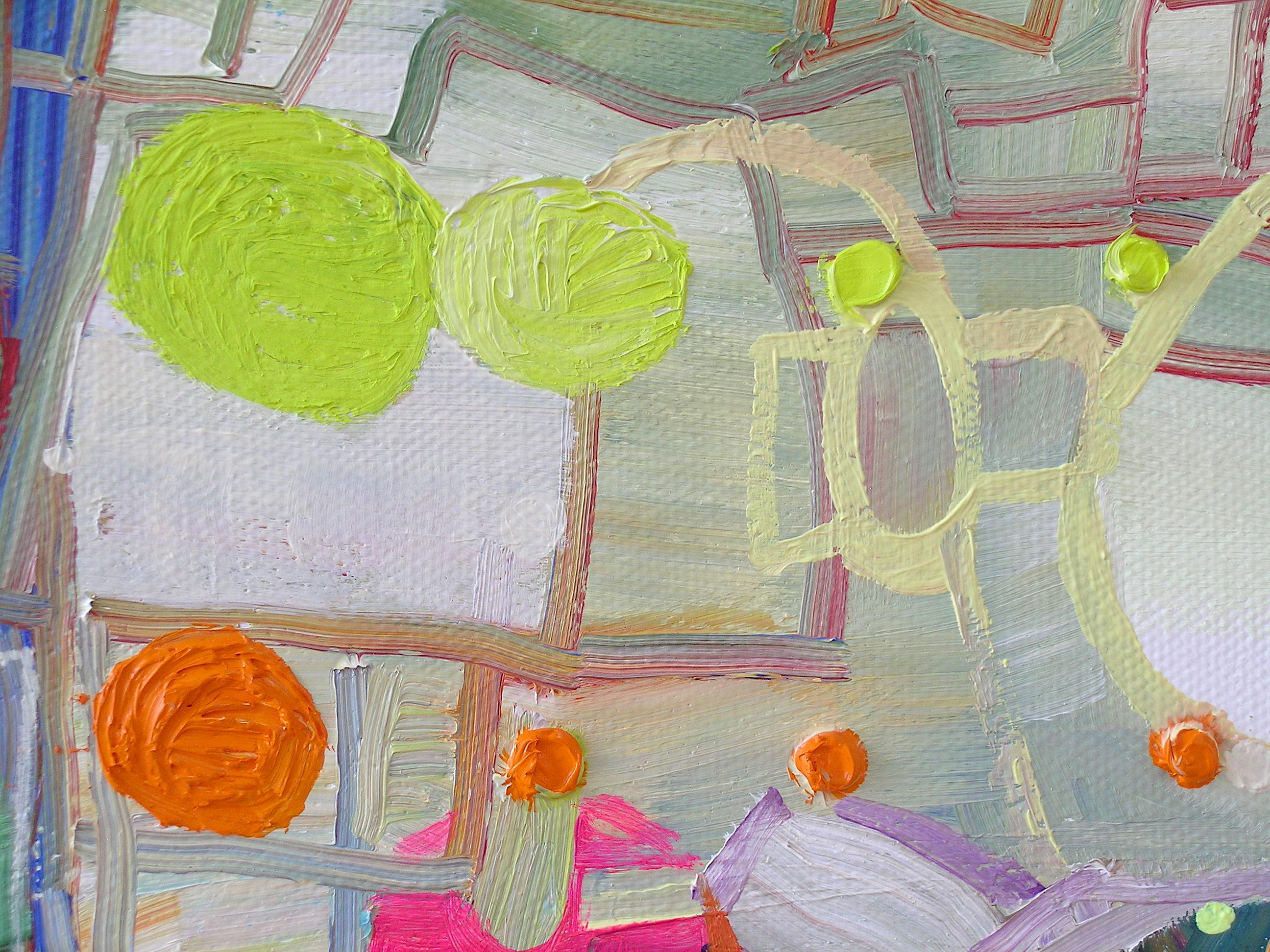 In questo dipinto astratto contemporaneo a olio su tela, sezioni di texture diverse e aree di motivi, strisce, cerchi, punti e ondulazioni sono allegri e dai colori vivaci ed esuberanti. I piccoli momenti nelle vibranti tonalità del verde erba, del