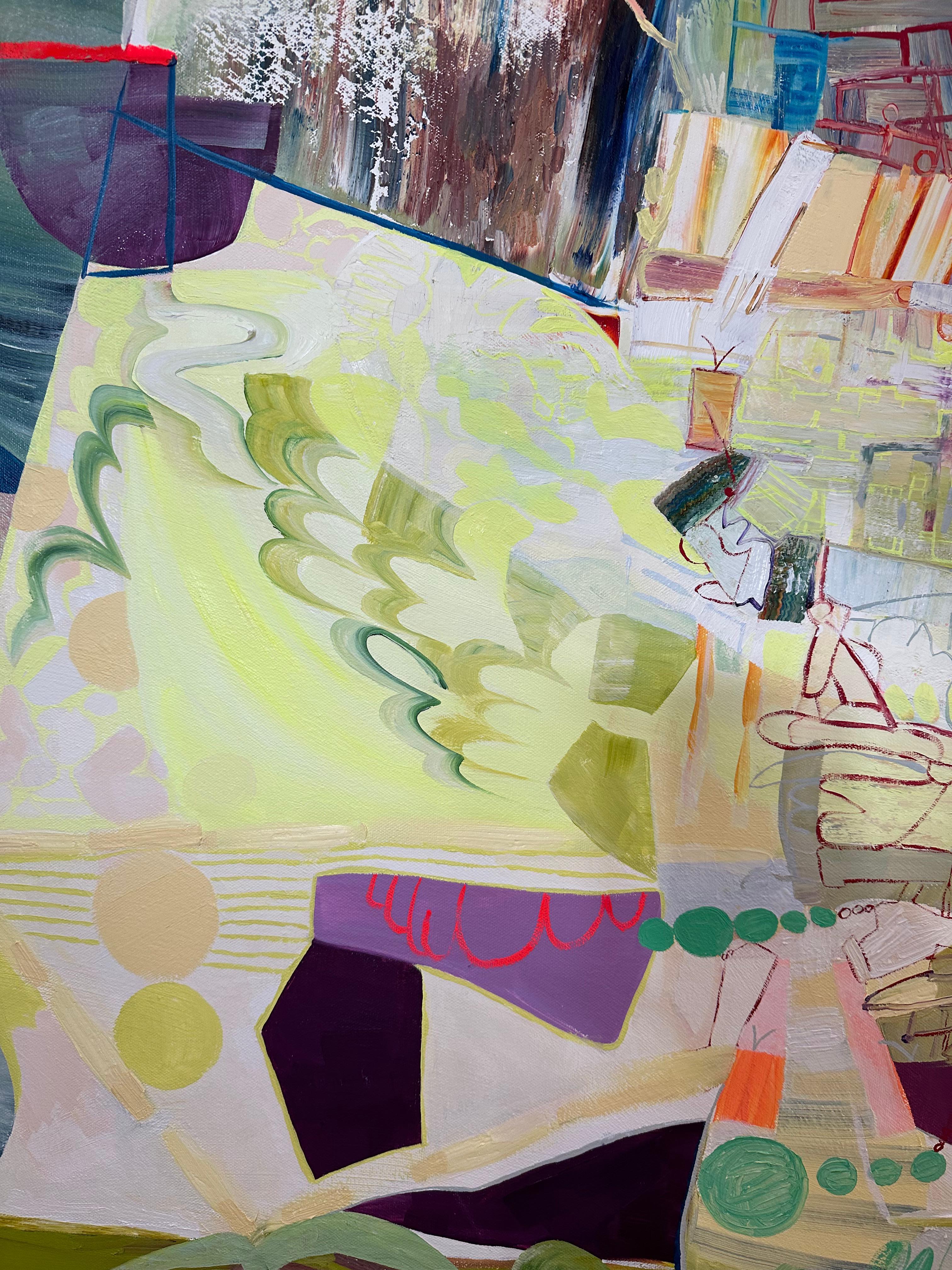 Gelb-Farn-Grün, Pastellgelb, Lila, Oliv, Waldgrün, Abstrakte Muster – Painting von Josette Urso