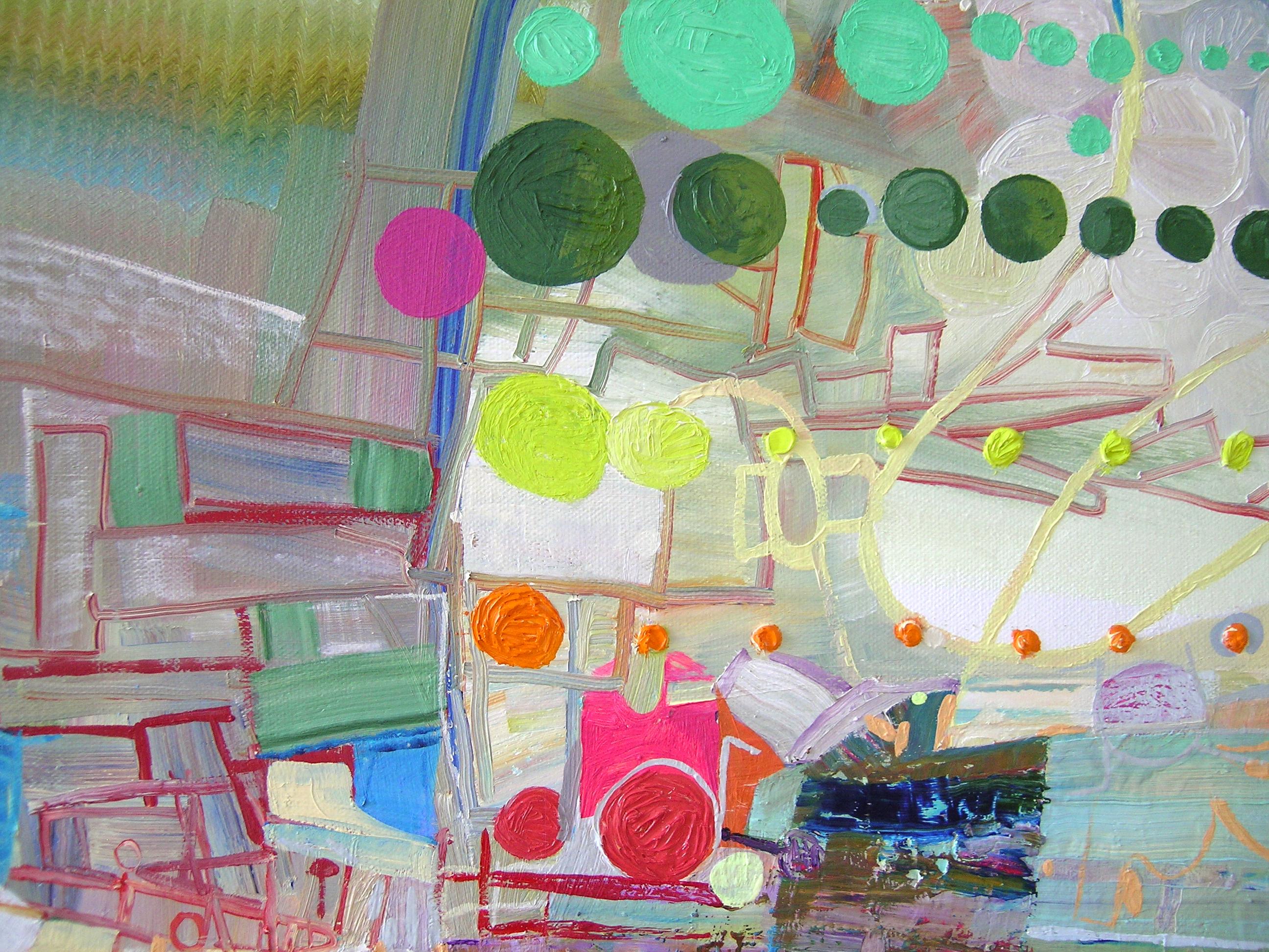 Gelb-Farn-Grün, Pastellgelb, Lila, Oliv, Waldgrün, Abstrakte Muster (Zeitgenössisch), Painting, von Josette Urso