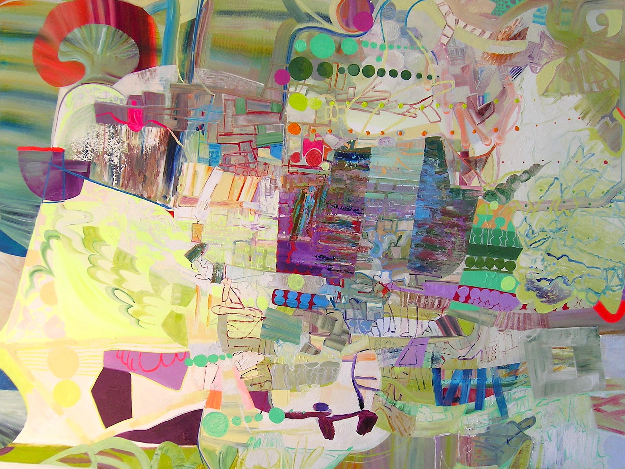Josette Urso Abstract Painting – Gelb-Farn-Grün, Pastellgelb, Lila, Oliv, Waldgrün, Abstrakte Muster