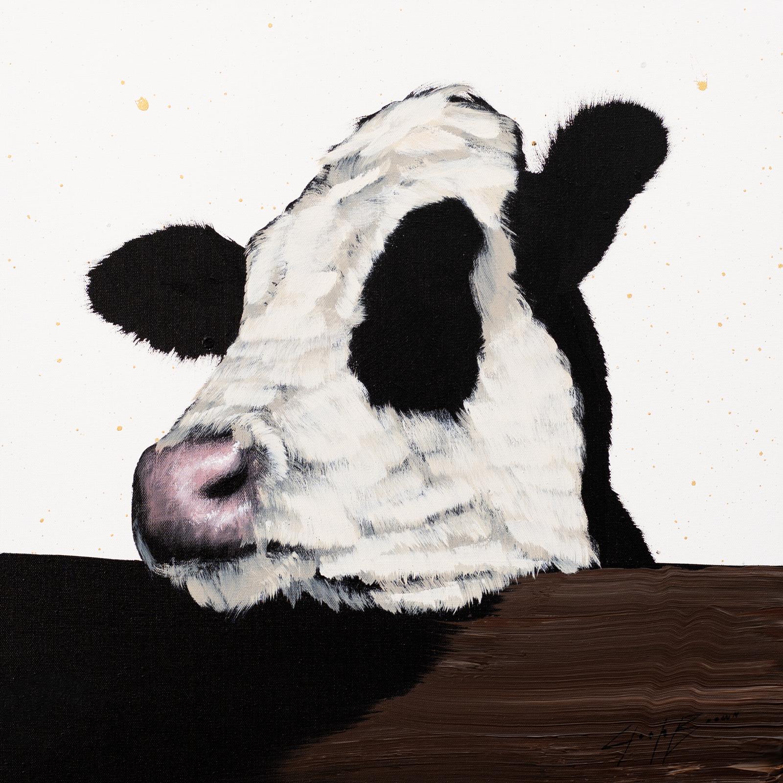 	 Black and White Cow On Fence - Painting by Josh Brown
