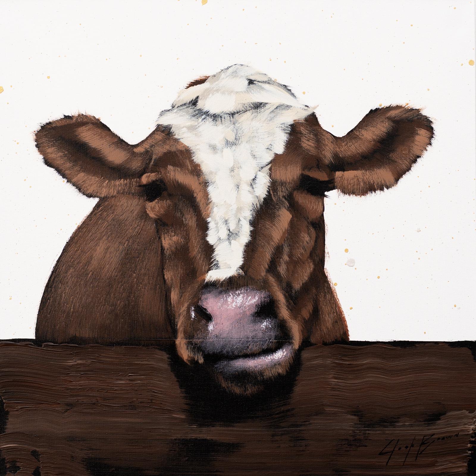 Brown and White Cow On Fence - Painting by Josh Brown