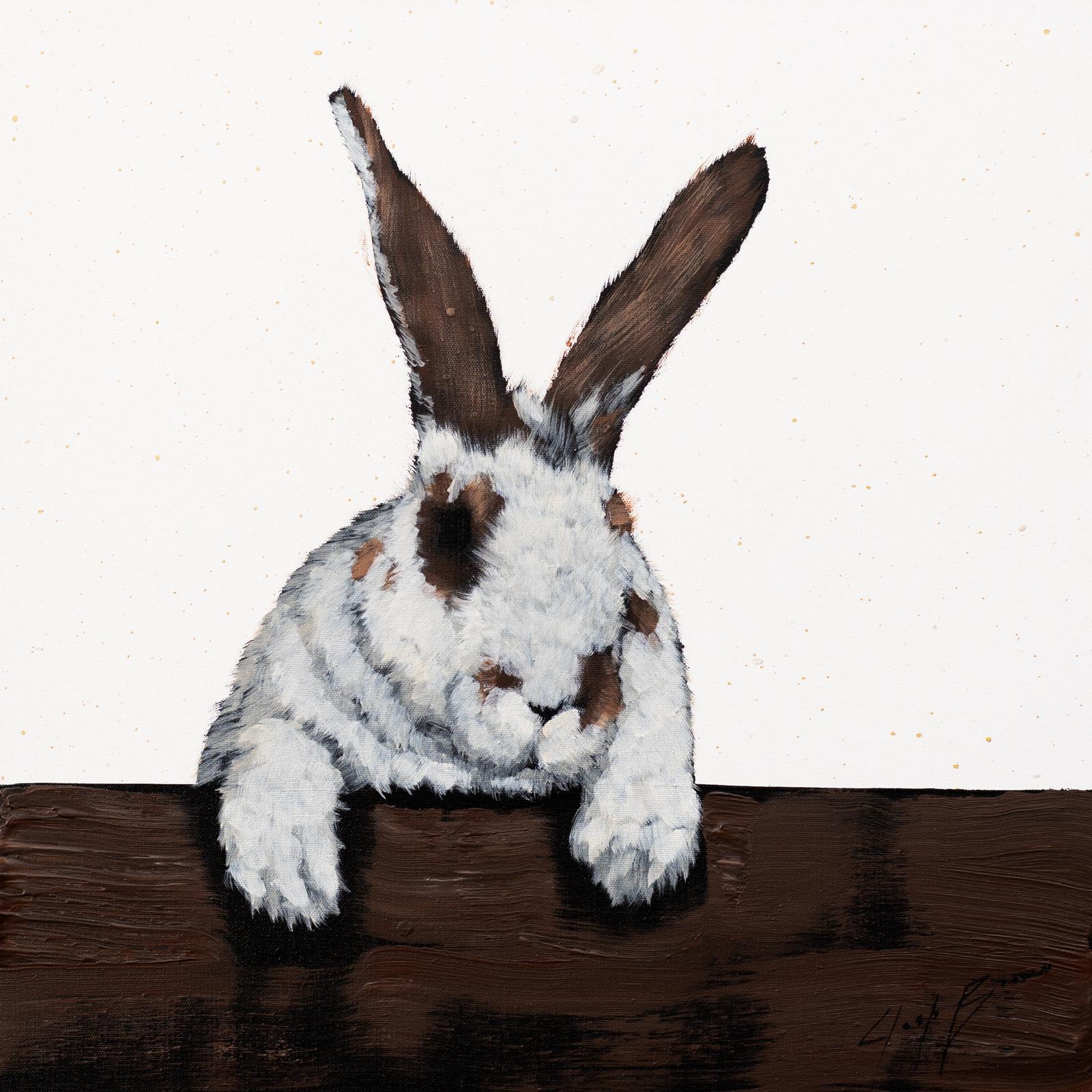 Brown and White Rabbit On Fence - Painting by Josh Brown