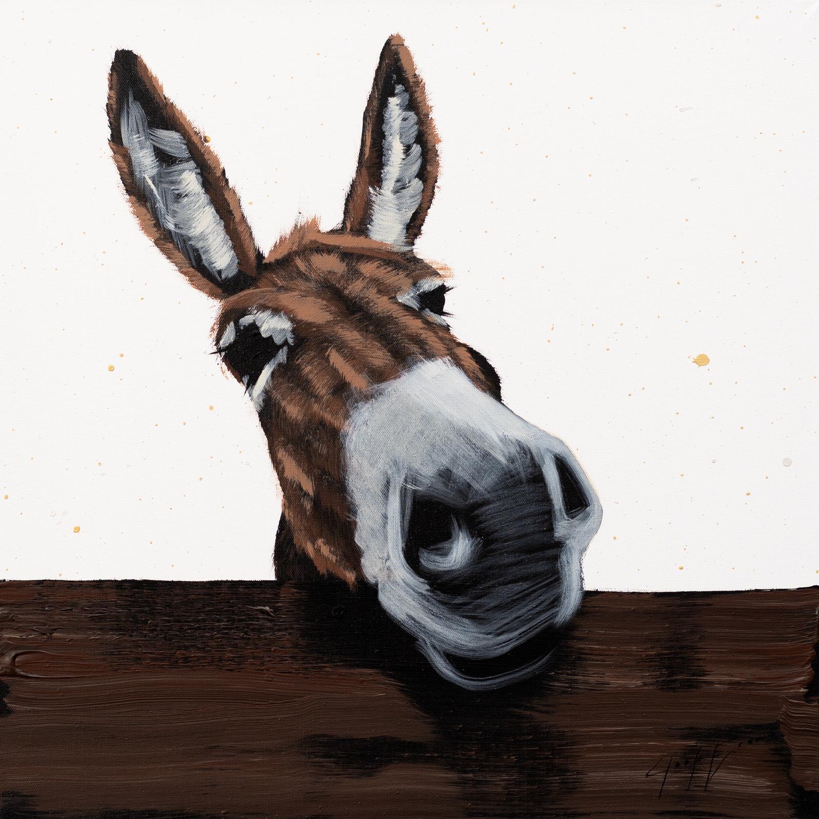 Donkey on Fence - Painting by Josh Brown