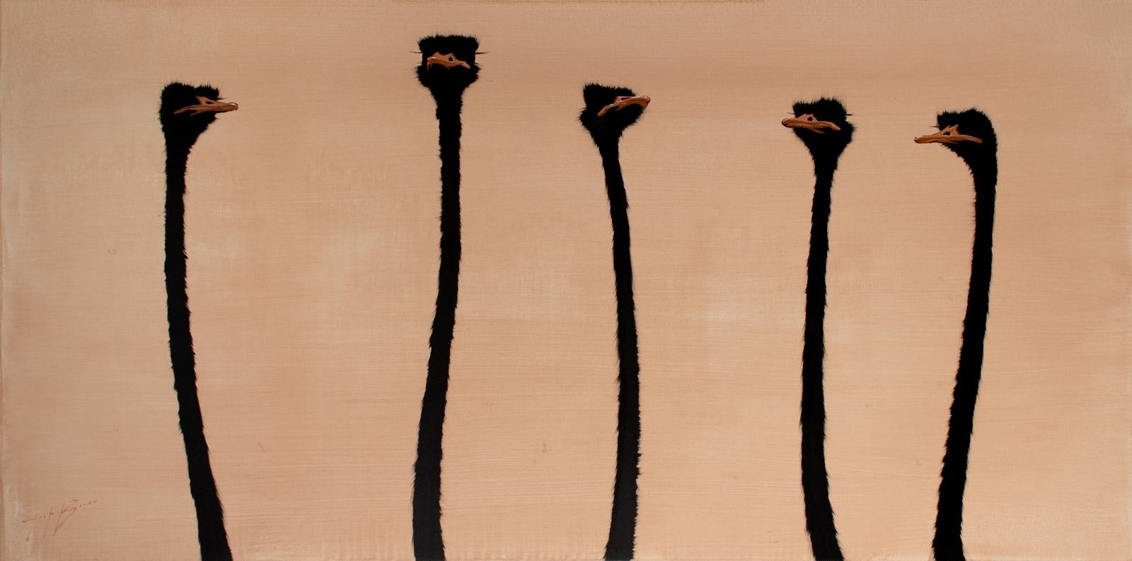 Five Orange Ostrich on Orange - Painting by Josh Brown