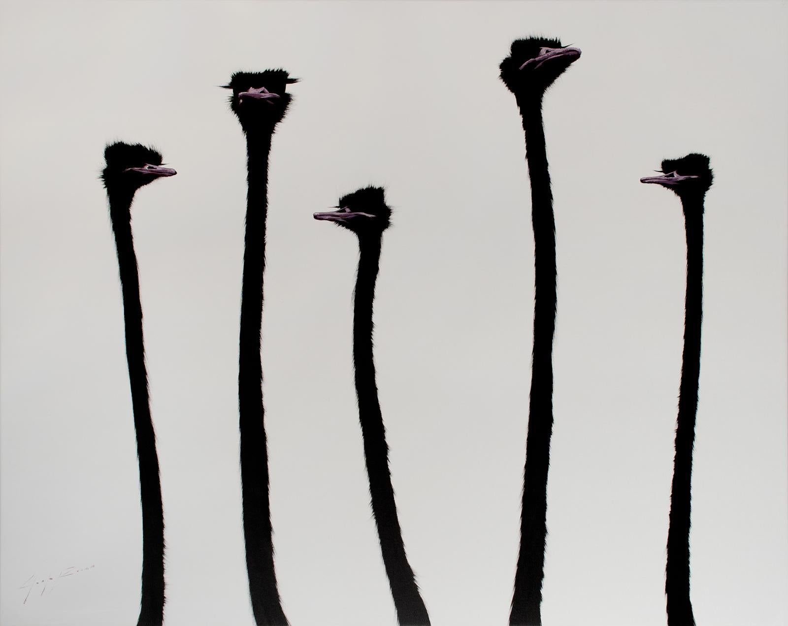 Five Purple Ostrich on White - Painting by Josh Brown