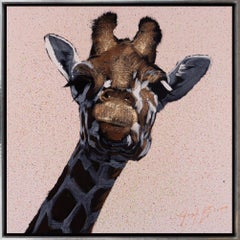 "Giraffe 3" Playful, Painterly Animal Portrait on Modern Pink Canvas