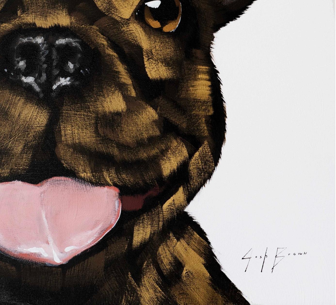 Gold Frenchie auf Weiß (Grau), Figurative Painting, von Josh Brown